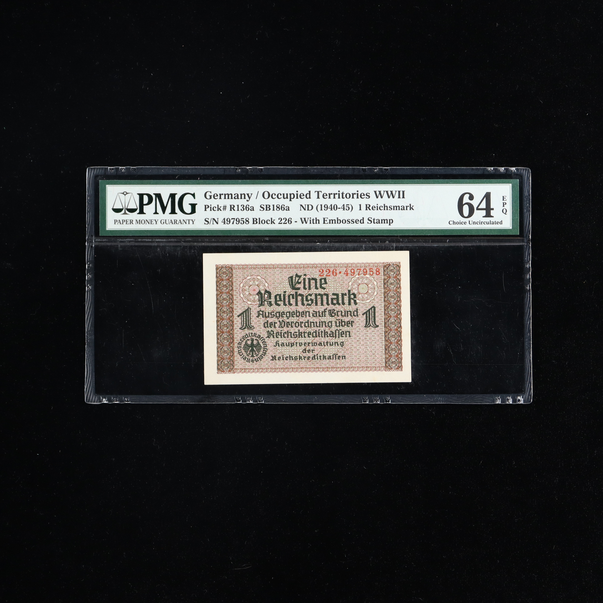 1945 Nazi Germany 1-Reichsmark Currency Note (PMG 64 Choice Uncirculated EPQ) at PristineAuction.com 1945 Nazi Germany 1-Reichsmark Currency Note (PMG 64 Choice Uncirculated EPQ) at PristineAuction.com