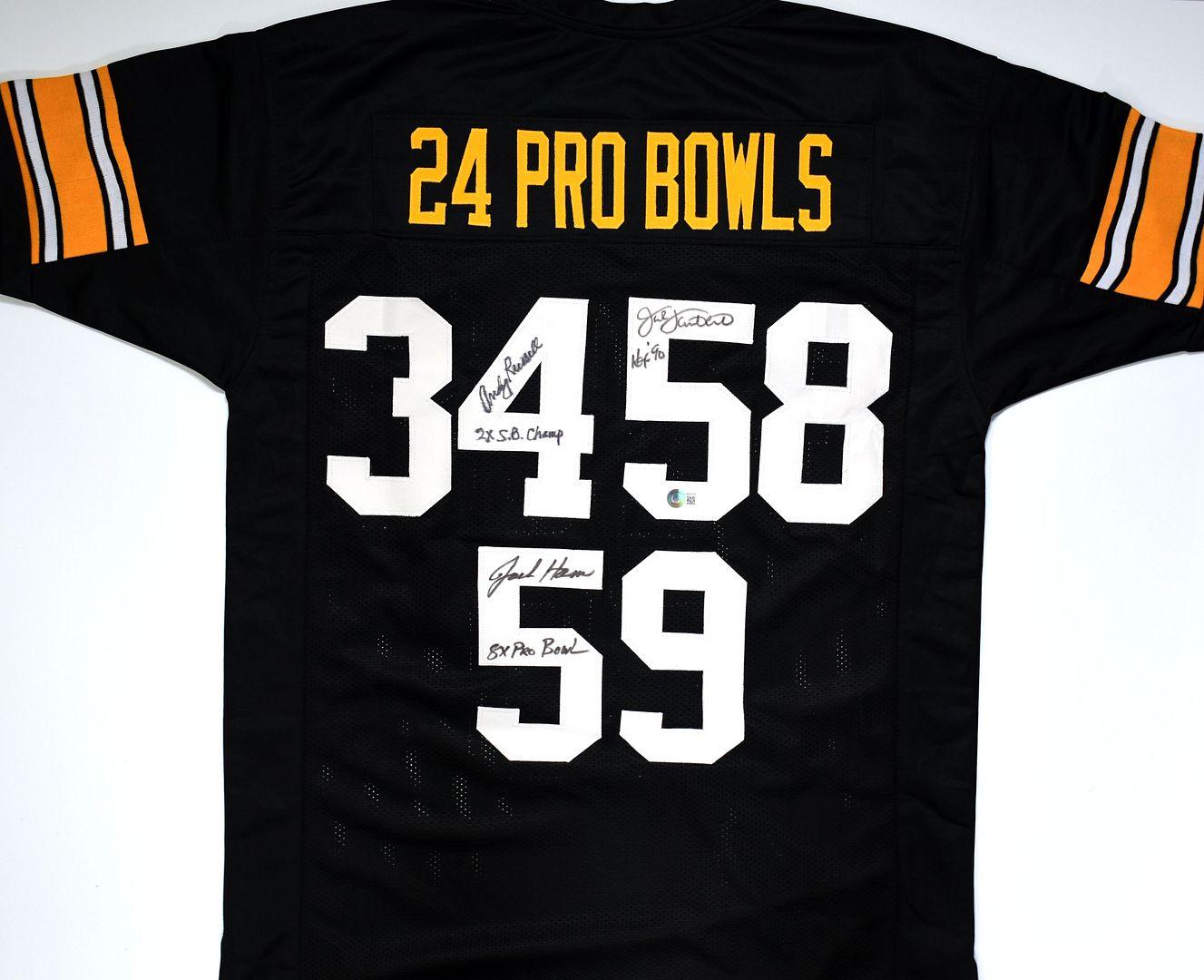 Andy Russell, Jack Ham & Jack Lambert Signed Jersey Inscribed "8x Pro Bowl" & "HOF '90" & "2x SB Champ" (Beckett) at PristineAuction.com Andy Russell, Jack Ham & Jack Lambert Signed Jersey Inscribed "8x Pro Bowl" & "HOF '90" & "2x SB Champ" (Beckett) at PristineAuction.com