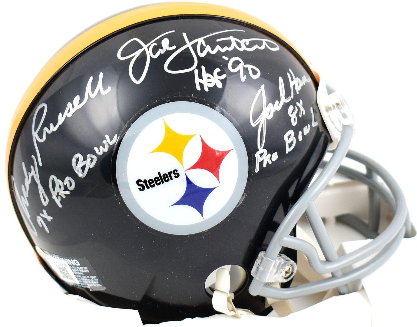 Jack Ham, Andy Russell & Jack Lambert Signed Steelers Speed Mini Helmet Inscribed "7x Pro Bowl," "8x Pro Bowl" & "HOF '90" (Beckett) at PristineAuction.com Jack Ham, Andy Russell & Jack Lambert Signed Steelers Speed Mini Helmet Inscribed "7x Pro Bowl," "8x Pro Bowl" & "HOF '90" (Beckett) at PristineAuction.com