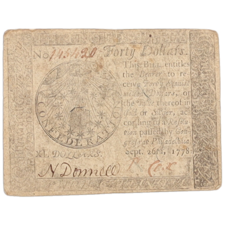 1778 $40 Forty Dollar American Colonial Currency Note | Pristine Auction