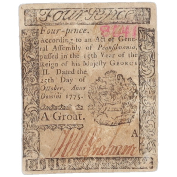 1775 Four Pence Pennsylvania Colonial Currency Note at PristineAuction.com 1775 Four Pence Pennsylvania Colonial Currency Note at PristineAuction.com
