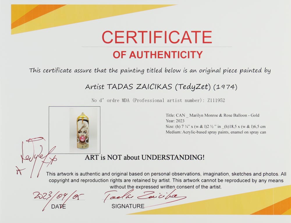 Tadas Zaicikas Signed "CAN_ Marilyn Monroe & Rose Balloon" Spray Paint Can (Zaicikas) at PristineAuction.com Tadas Zaicikas Signed "CAN_ Marilyn Monroe & Rose Balloon" Spray Paint Can (Zaicikas) at PristineAuction.com