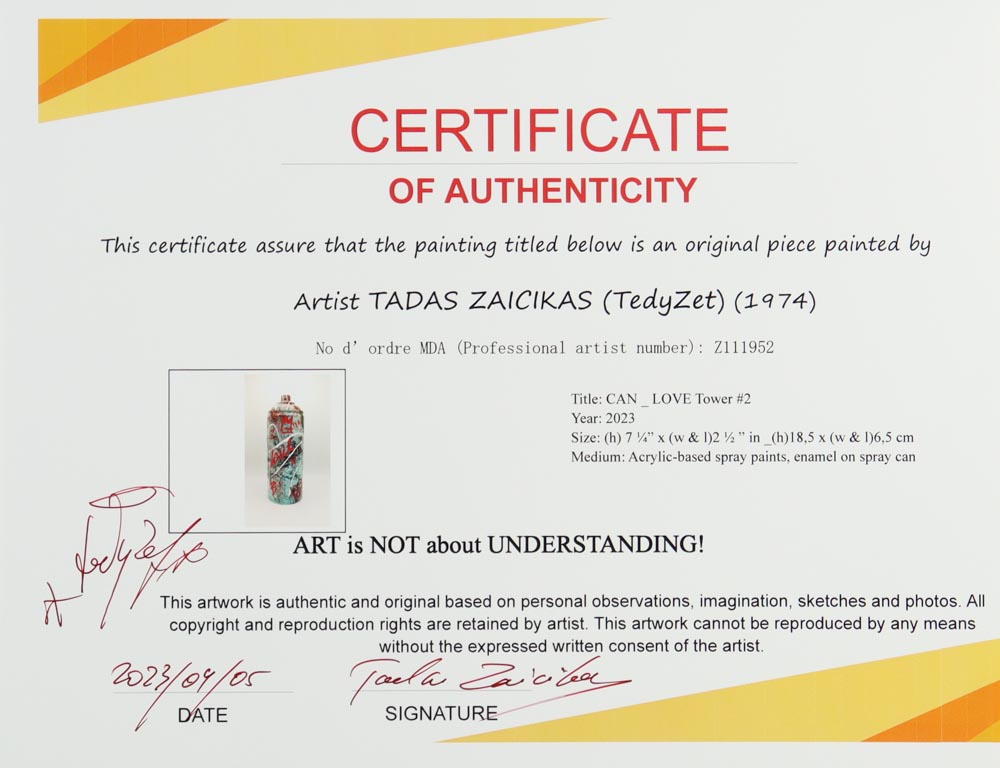 Tadas Zaicikas Signed "CAN_ LOVE Tower" Spray Paint Can (Zaicikas) at PristineAuction.com Tadas Zaicikas Signed "CAN_ LOVE Tower" Spray Paint Can (Zaicikas) at PristineAuction.com