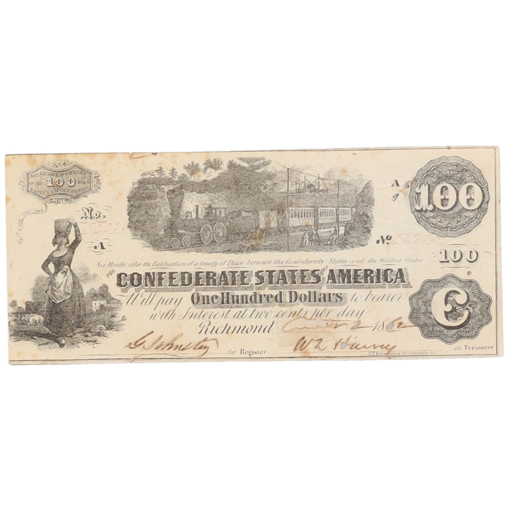 1862 $100 One Hundred Dollars Confederate States of America Richmond ...