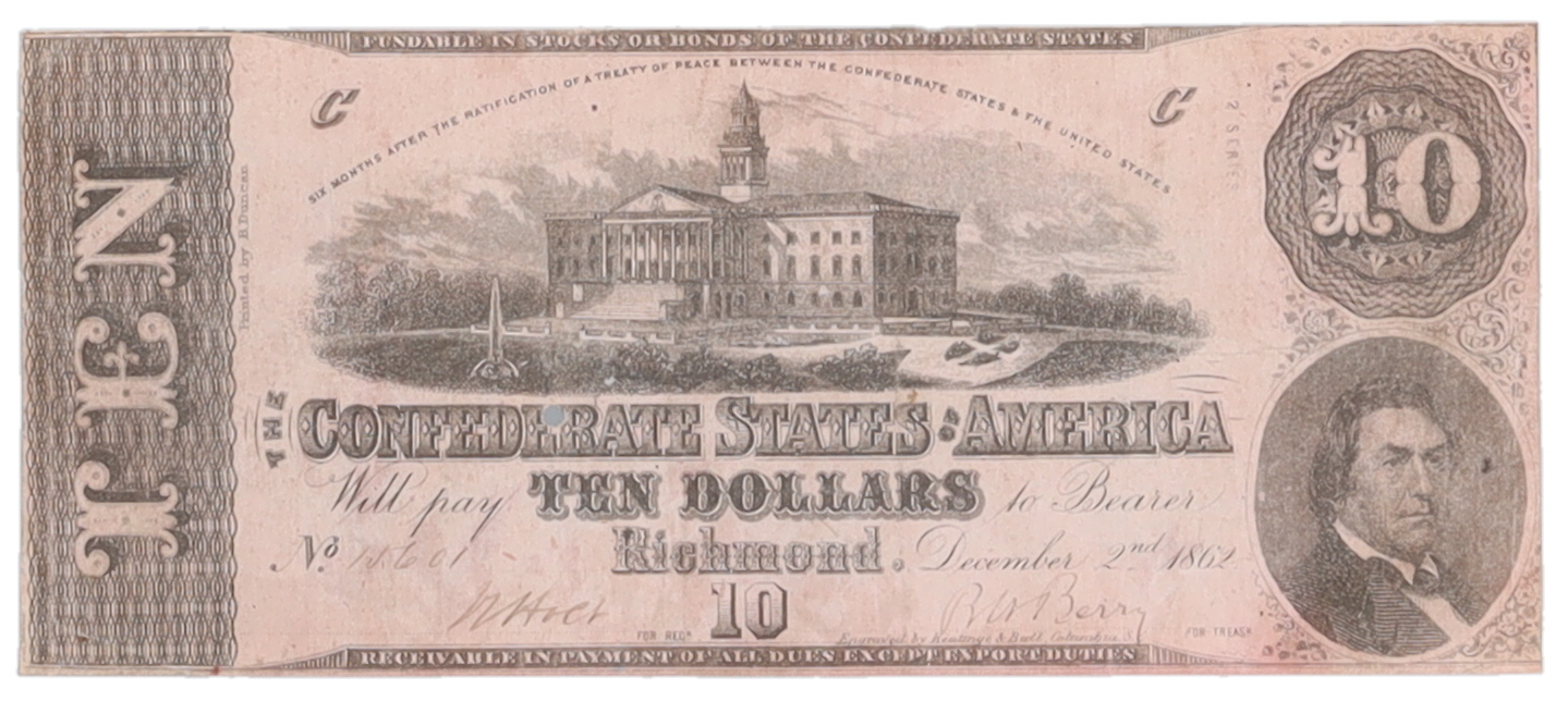 1862 $10 Ten Dollars Confederate States of America Richmond CSA Bank ...