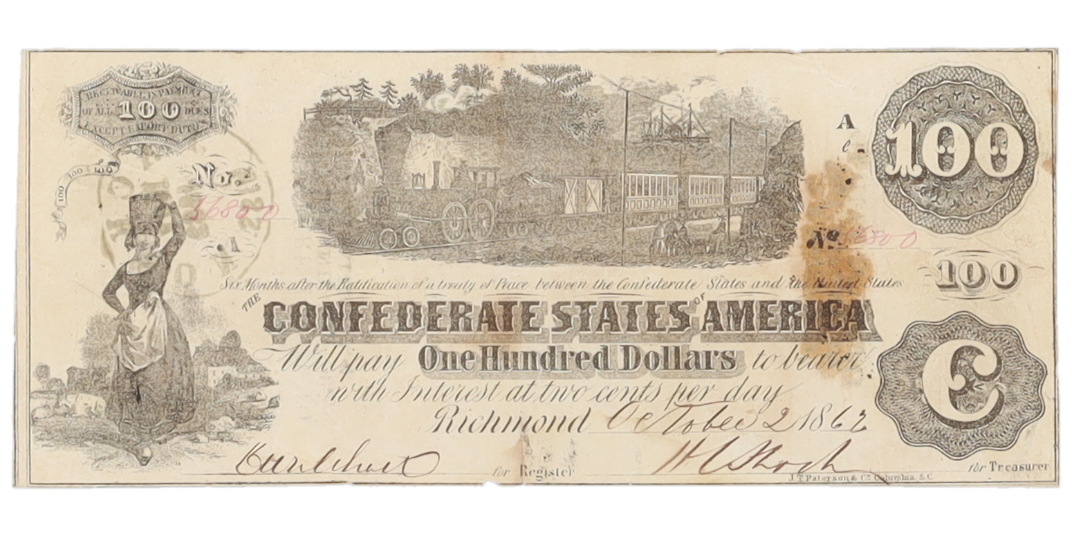 1862 $100 One Hundred Dollars Confederate States of America Richmond ...