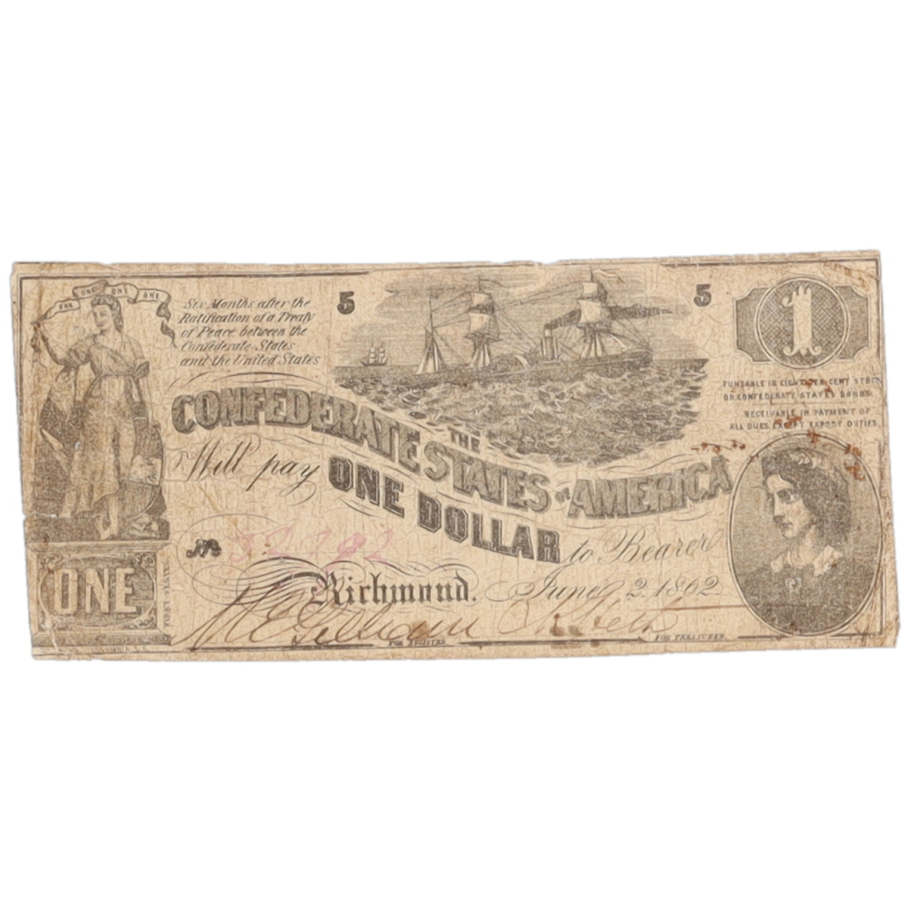 1862 $1 One Dollar Confederate States of America Richmond CSA Bank Note ...