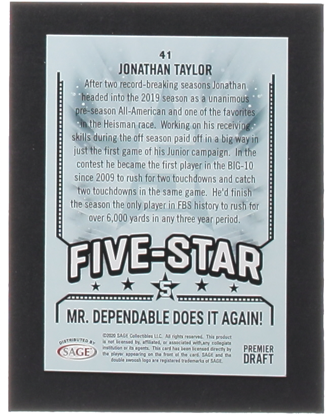 Jonathan Taylor 2020 SAGE HIT Red #41 RC / 5 STAR at PristineAuction.com Jonathan Taylor 2020 SAGE HIT Red #41 RC / 5 STAR at PristineAuction.com