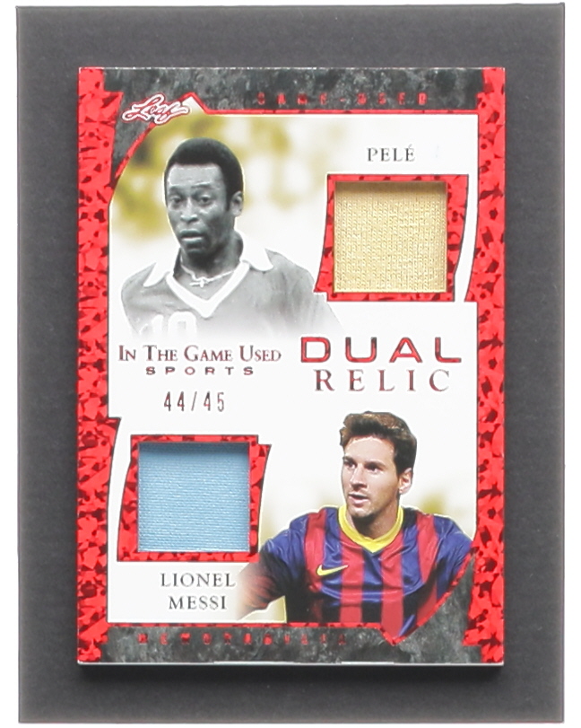 Pele / Lionel Messi 2022 Leaf In the Game Used Sports Dual Relic Red Cracked Ice #GDM16 #44/45 at PristineAuction.com Pele / Lionel Messi 2022 Leaf In the Game Used Sports Dual Relic Red Cracked Ice #GDM16 #44/45 at PristineAuction.com