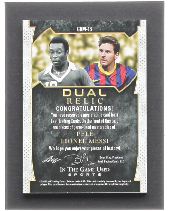 Pele / Lionel Messi 2022 Leaf In the Game Used Sports Dual Relic Red Cracked Ice #GDM16 #44/45 at PristineAuction.com Pele / Lionel Messi 2022 Leaf In the Game Used Sports Dual Relic Red Cracked Ice #GDM16 #44/45 at PristineAuction.com