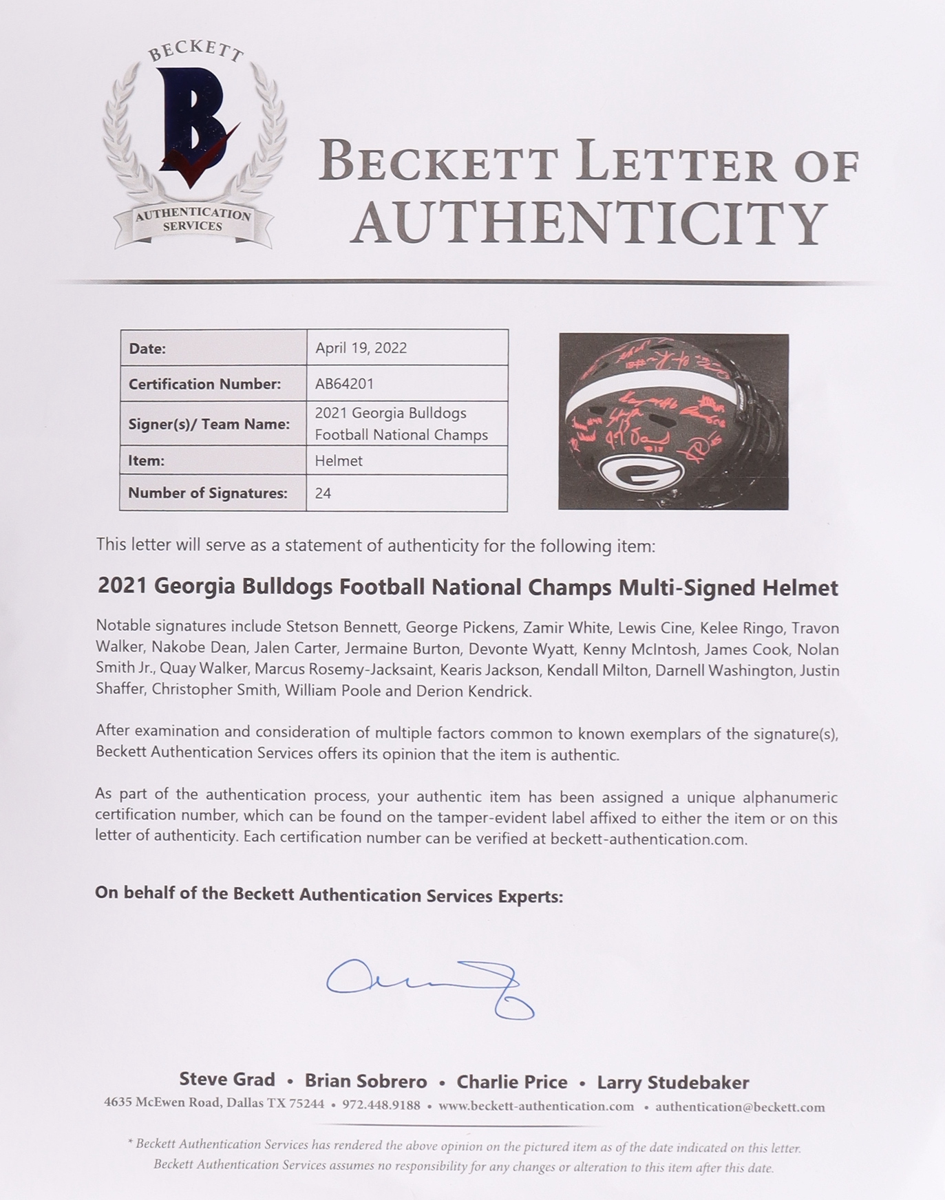 Georgia Bulldogs 2021 National Champions Full-Size Speed Helmet Signed by (24) with Stetson Bennett, George Pickens, Zamir White, Lewis Cine, Kelee Ringo (Beckett) at PristineAuction.com Georgia Bulldogs 2021 National Champions Full-Size Speed Helmet Signed by (24) with Stetson Bennett, George Pickens, Zamir White, Lewis Cine, Kelee Ringo (Beckett) at PristineAuction.com