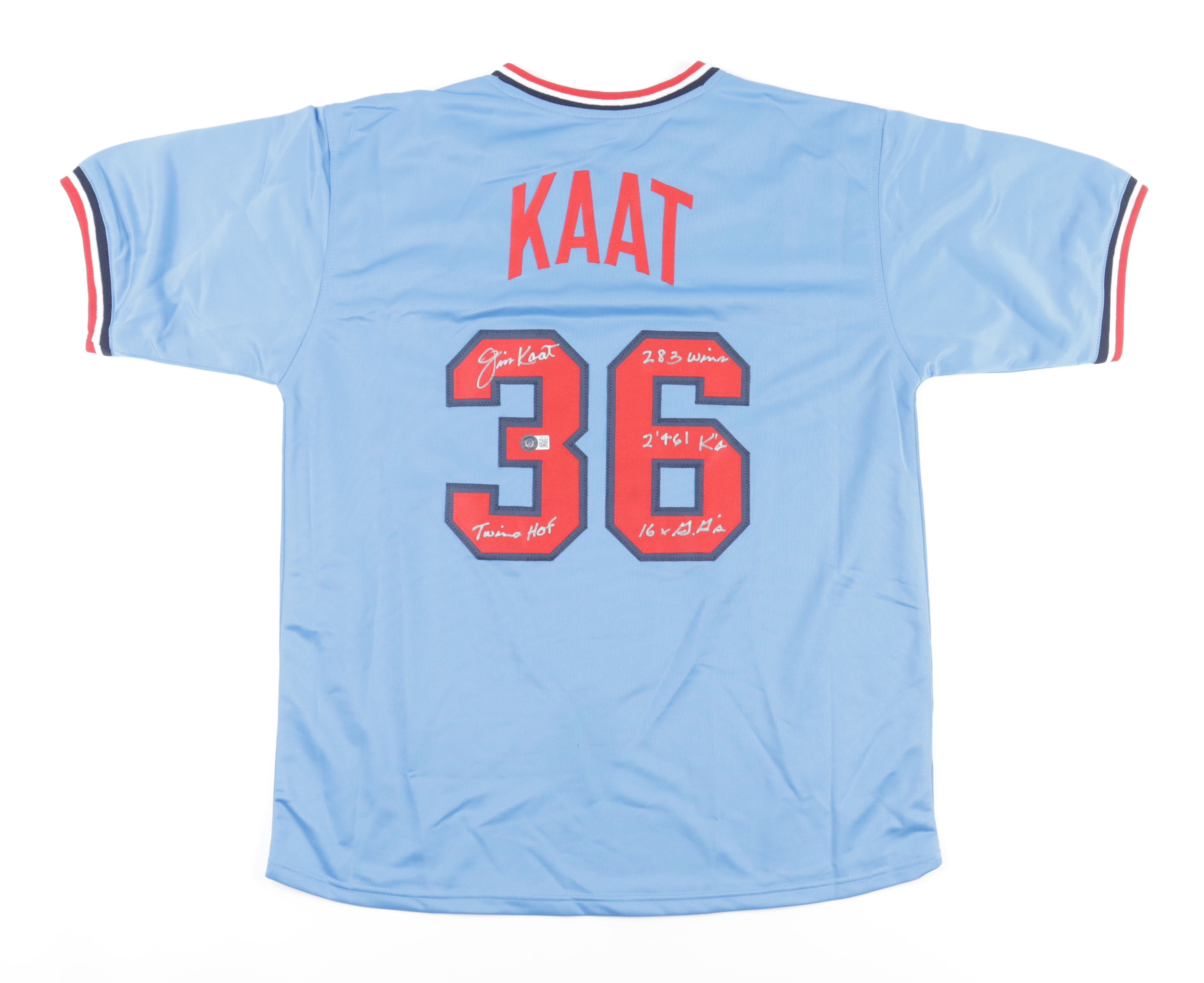 Jim Kaat Signed Jersey Inscribed "Twins HOF" & "283 Wins, 2,461 K's, 16x G.G's" (Beckett) at PristineAuction.com Jim Kaat Signed Jersey Inscribed "Twins HOF" & "283 Wins, 2,461 K's, 16x G.G's" (Beckett) at PristineAuction.com