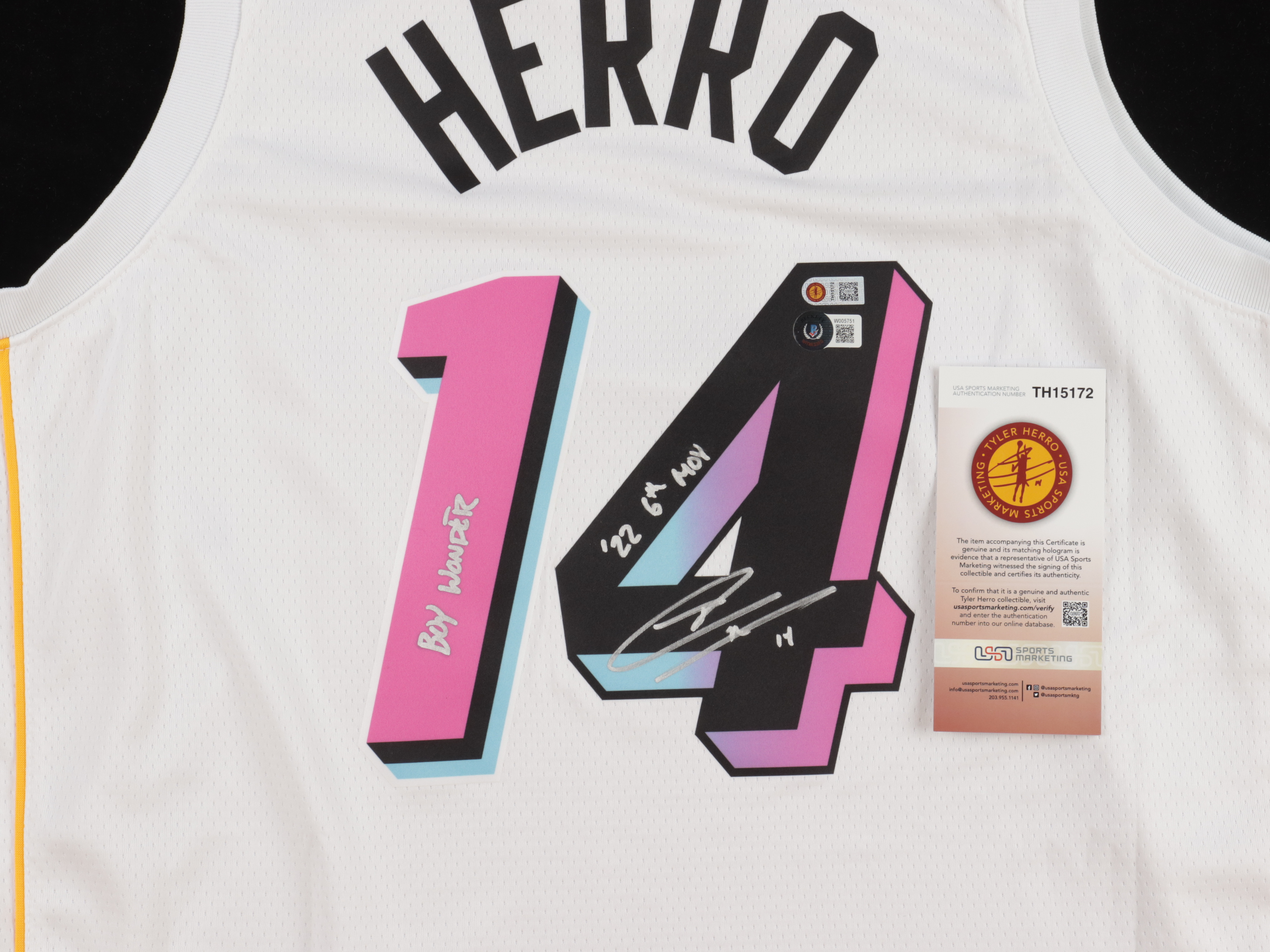 Tyler Herro Signed Heat Jersey Inscribed "Boy Wonder" & "'22 6th MOY" (Beckett & Herro) at PristineAuction.com Tyler Herro Signed Heat Jersey Inscribed "Boy Wonder" & "'22 6th MOY" (Beckett & Herro) at PristineAuction.com