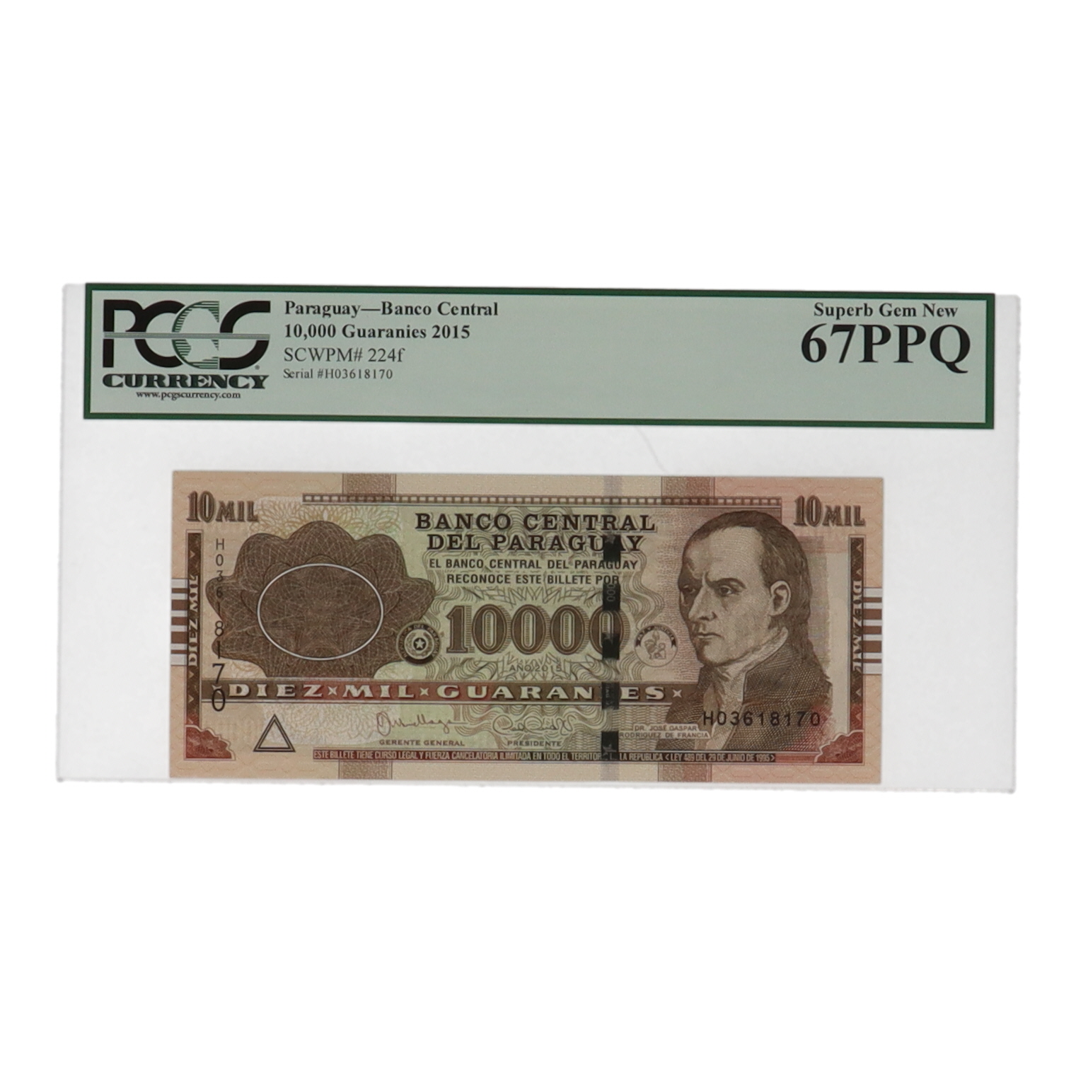 2015 Paraguay 10,000 Guaranies Banco Central Banknote (PCGS Superb Gem New 67PPQ) at PristineAuction.com 2015 Paraguay 10,000 Guaranies Banco Central Banknote (PCGS Superb Gem New 67PPQ) at PristineAuction.com