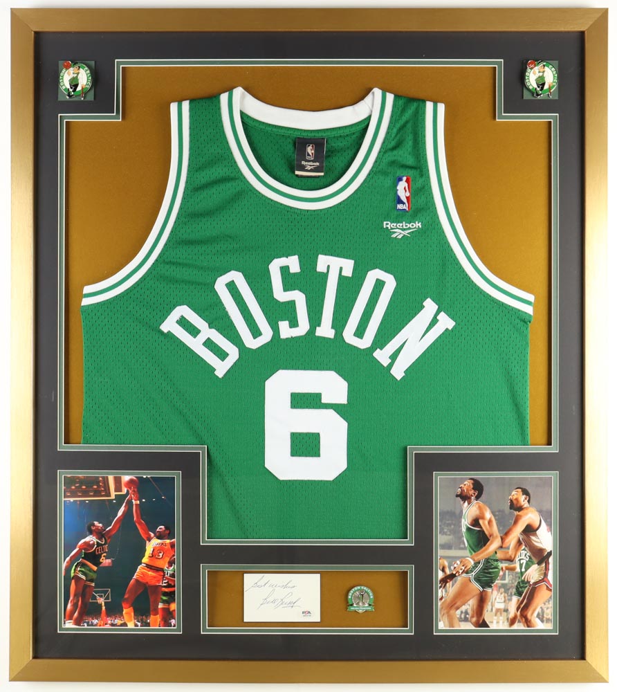 Bill Russell Signed Custom Framed Cut Display Inscribed "Best Wishes" with Jersey & 1962 NBA Championship Pin (PSA) at PristineAuction.com Bill Russell Signed Custom Framed Cut Display Inscribed "Best Wishes" with Jersey & 1962 NBA Championship Pin (PSA) at PristineAuction.com