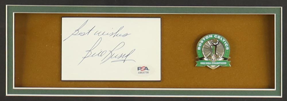 Bill Russell Signed Custom Framed Cut Display Inscribed "Best Wishes" with Jersey & 1962 NBA Championship Pin (PSA) at PristineAuction.com Bill Russell Signed Custom Framed Cut Display Inscribed "Best Wishes" with Jersey & 1962 NBA Championship Pin (PSA) at PristineAuction.com