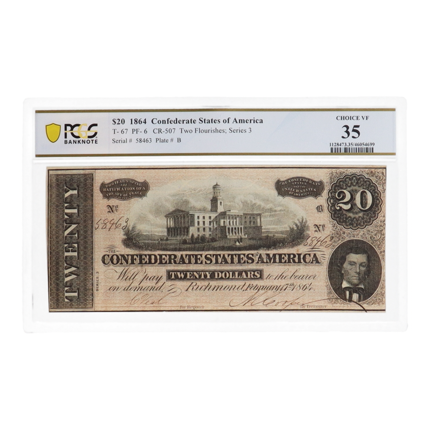 1864 $20 Twenty Dollars Confederate States of America T-67 Bank Note Bond (PCGS Choice VF35) at PristineAuction.com 1864 $20 Twenty Dollars Confederate States of America T-67 Bank Note Bond (PCGS Choice VF35) at PristineAuction.com