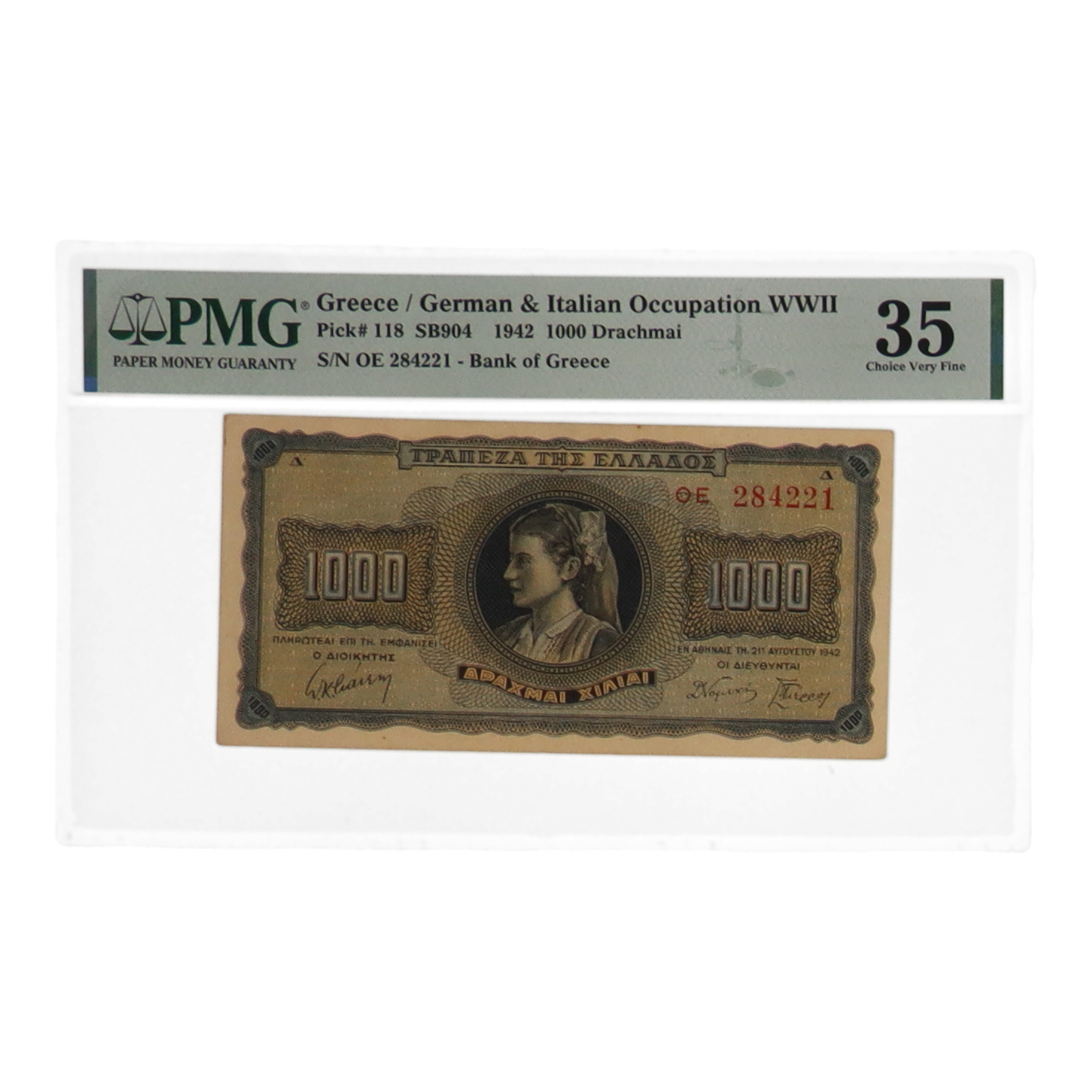 1942 Greece 1,000 Drachmai Bank of Greece Banknote (PMG Choice VF35) at PristineAuction.com 1942 Greece 1,000 Drachmai Bank of Greece Banknote (PMG Choice VF35) at PristineAuction.com