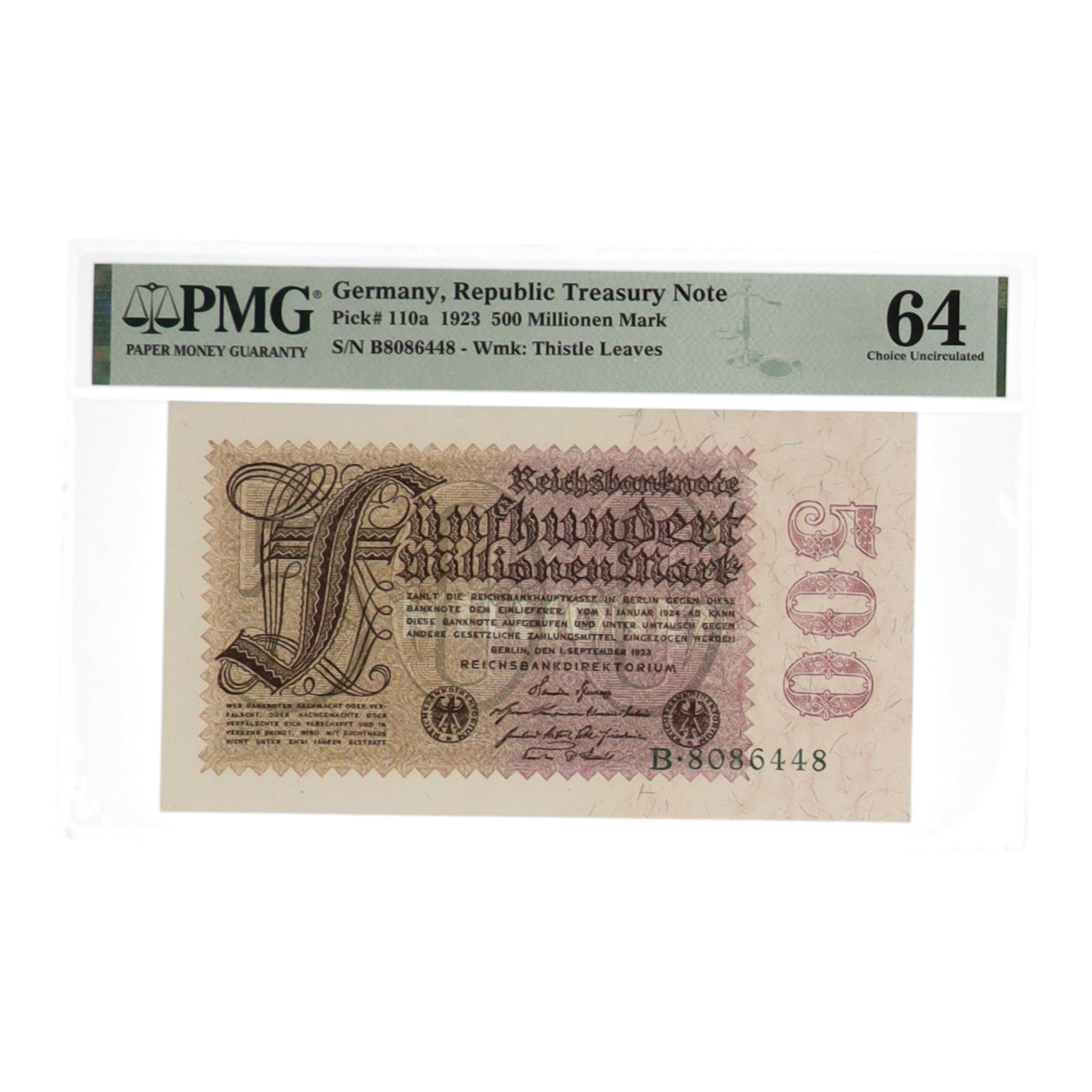 Republic Note From Legend 1923 Germany 500 Millionen Mark Republic Treasury Note (PMG Choice Unc ...