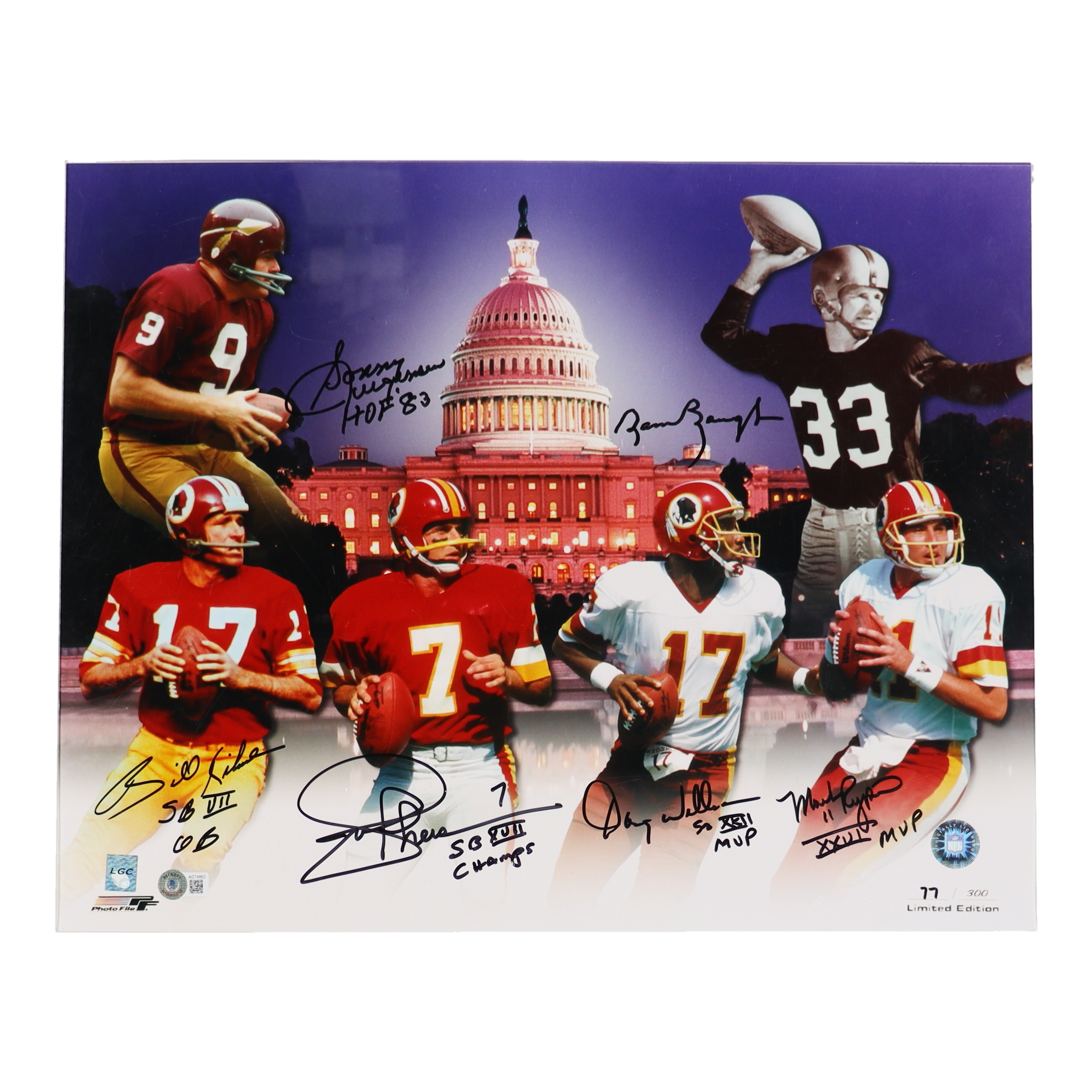 Redskins Quarterbacks LE 16x20 Photo Signed By (6) With Mark Rypien, Sammy Baugh, Doug Williams, Sonny Jurgensen with Multiple Inscriptions (Beckett) at PristineAuction.com Redskins Quarterbacks LE 16x20 Photo Signed By (6) With Mark Rypien, Sammy Baugh, Doug Williams, Sonny Jurgensen with Multiple Inscriptions (Beckett) at PristineAuction.com