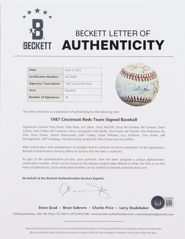 1987 Reds ONL Baseball Signed by (29) with Tony Perez, Pete Rose, Eric Davis, Terry McGriff with Display Case (Beckett) at PristineAuction.com 1987 Reds ONL Baseball Signed by (29) with Tony Perez, Pete Rose, Eric Davis, Terry McGriff with Display Case (Beckett) at PristineAuction.com