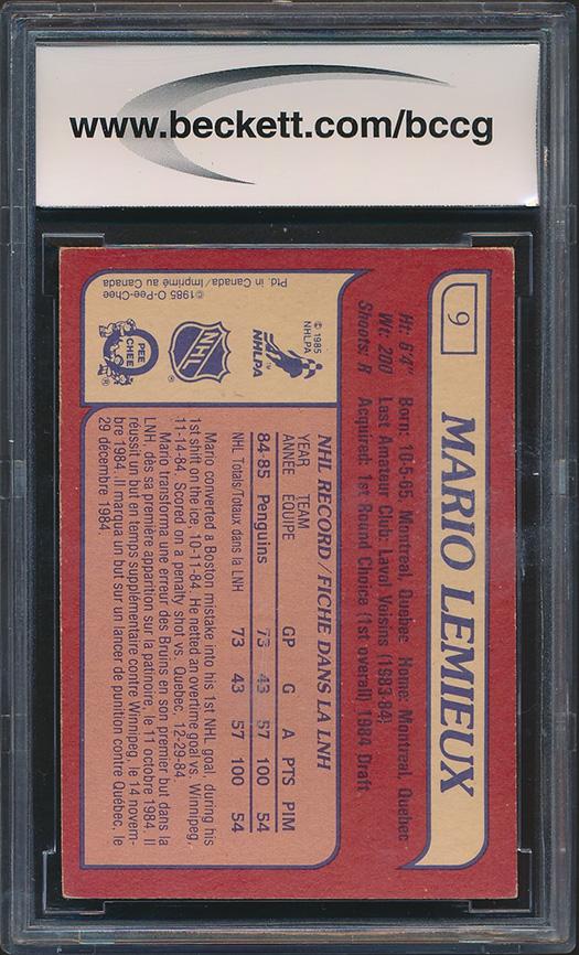 Mario Lemieux 1985-86 O-Pee-Chee #9 RC (BCCG 9) at PristineAuction.com Mario Lemieux 1985-86 O-Pee-Chee #9 RC (BCCG 9) at PristineAuction.com