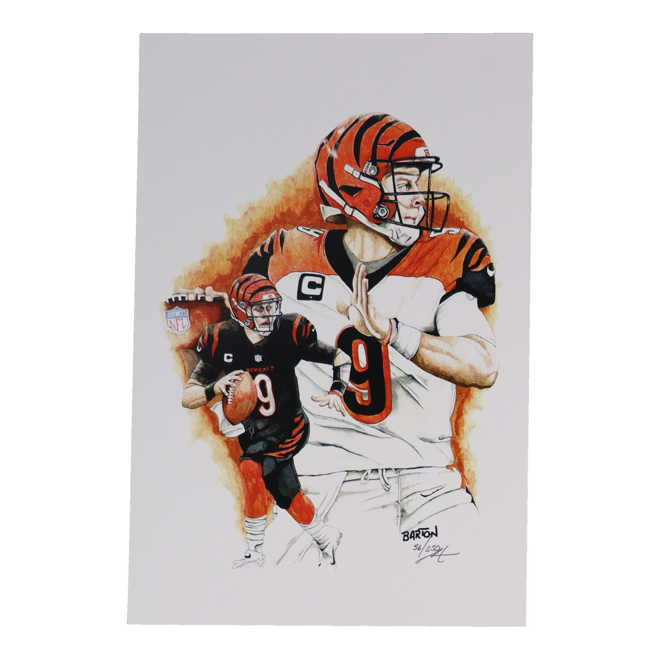 "Joe Burrow" Bengals LE 12x18 Lithograph By Brian Barton #/250 (PA) at PristineAuction.com "Joe Burrow" Bengals LE 12x18 Lithograph By Brian Barton #/250 (PA) at PristineAuction.com
