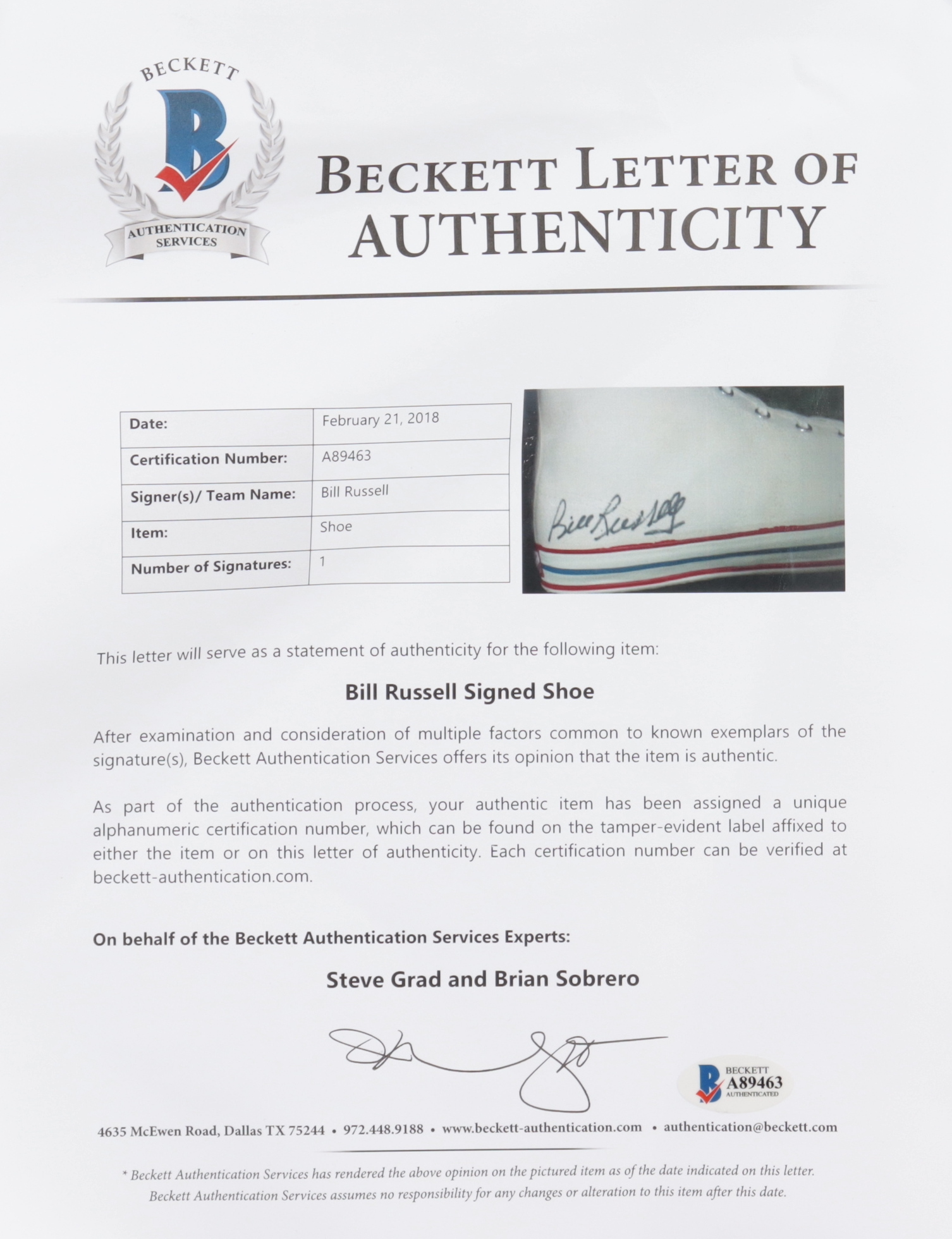 Bill Russell Signed Custom Framed Shoe Display (Beckett & Hollywood Collectibles) at PristineAuction.com Bill Russell Signed Custom Framed Shoe Display (Beckett & Hollywood Collectibles) at PristineAuction.com
