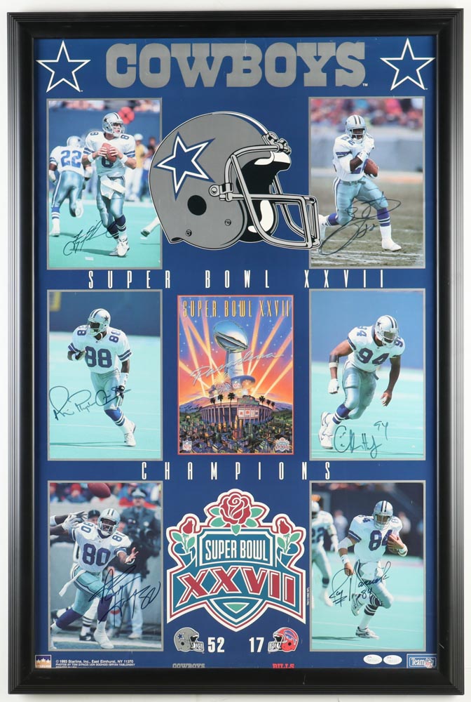 1993 Cowboys Super Bowl XXVII Champions Custom Framed Poster Display Signed By (6) With Alvin Harper, Jay Novacek, Michael Irvin, Emmitt Smith (JSA) at PristineAuction.com 1993 Cowboys Super Bowl XXVII Champions Custom Framed Poster Display Signed By (6) With Alvin Harper, Jay Novacek, Michael Irvin, Emmitt Smith (JSA) at PristineAuction.com