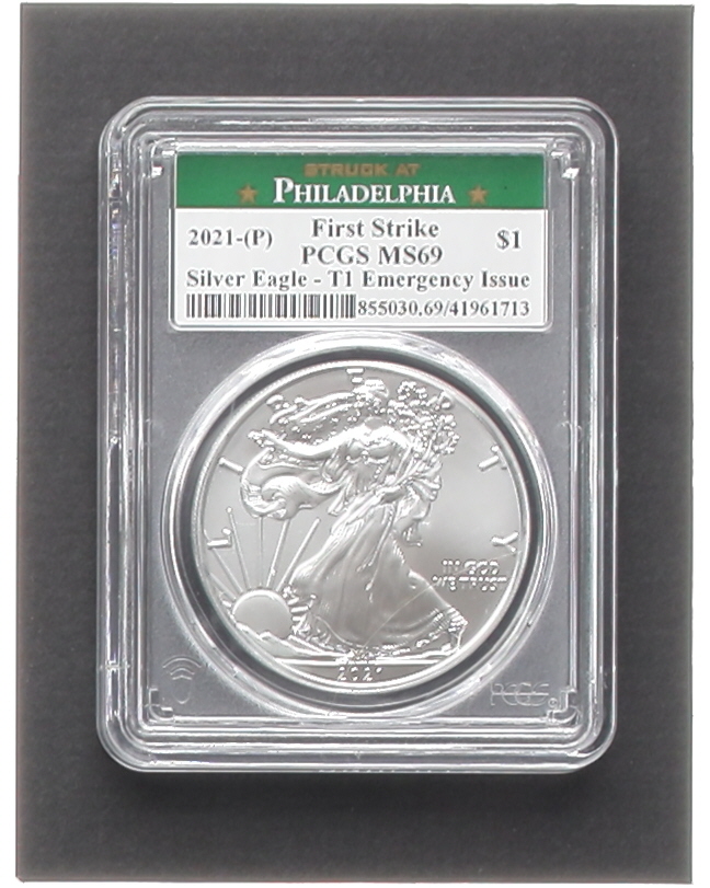 2021-(P) American Eagle - T1 Emergency Issue - First Strike - Struck at Philadelphia Green Label Silver Dollar (PCGS MS69) at PristineAuction.com 2021-(P) American Eagle - T1 Emergency Issue - First Strike - Struck at Philadelphia Green Label Silver Dollar (PCGS MS69) at PristineAuction.com