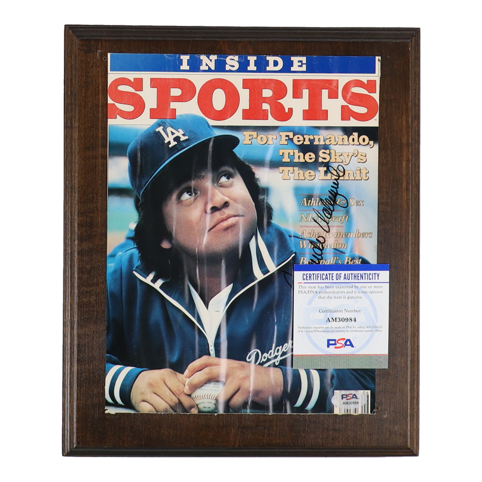 Fernando Valenzuela Signed Dodgers "Inside Sports" Plaqued Magazine Cover Plaque (PSA) at PristineAuction.com Fernando Valenzuela Signed Dodgers "Inside Sports" Plaqued Magazine Cover Plaque (PSA) at PristineAuction.com