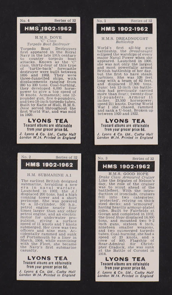 1962 Lyons Tea Navy Series Her Majesty's Ships Complete Set of (32) Cigarette Cards with H.M.S. Dreadnought Battleship #1, H.M. Submarine A.1 #2, H.M.S. Good Hope #3, H.M.S. Dove #4 at PristineAuction.com 1962 Lyons Tea Navy Series Her Majesty's Ships Complete Set of (32) Cigarette Cards with H.M.S. Dreadnought Battleship #1, H.M. Submarine A.1 #2, H.M.S. Good Hope #3, H.M.S. Dove #4 at PristineAuction.com