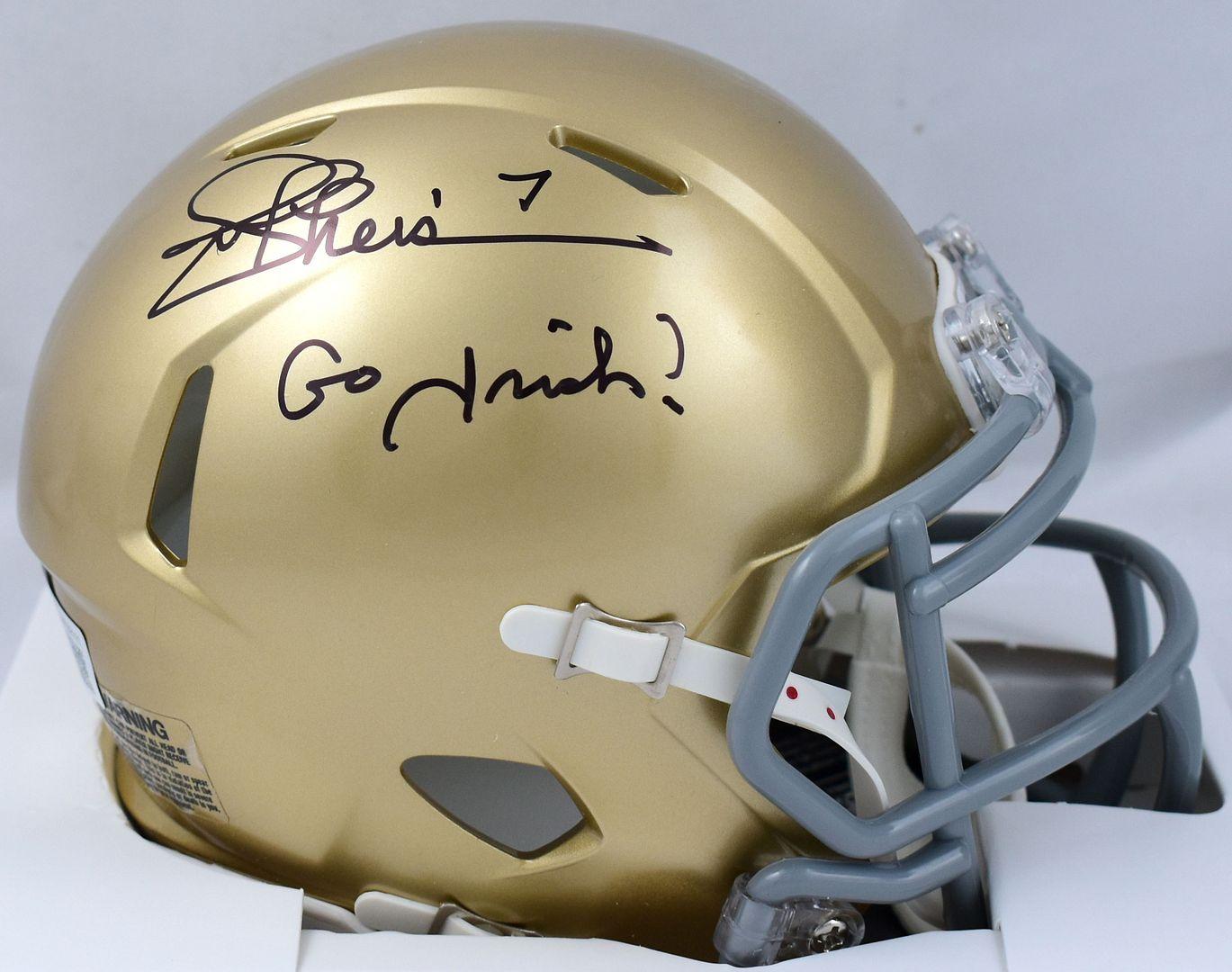 Joe Theismann Signed Notre Dame Fighting Irish Speed Mini Helmet Inscribed "Go Irish!" (Beckett) at PristineAuction.com Joe Theismann Signed Notre Dame Fighting Irish Speed Mini Helmet Inscribed "Go Irish!" (Beckett) at PristineAuction.com