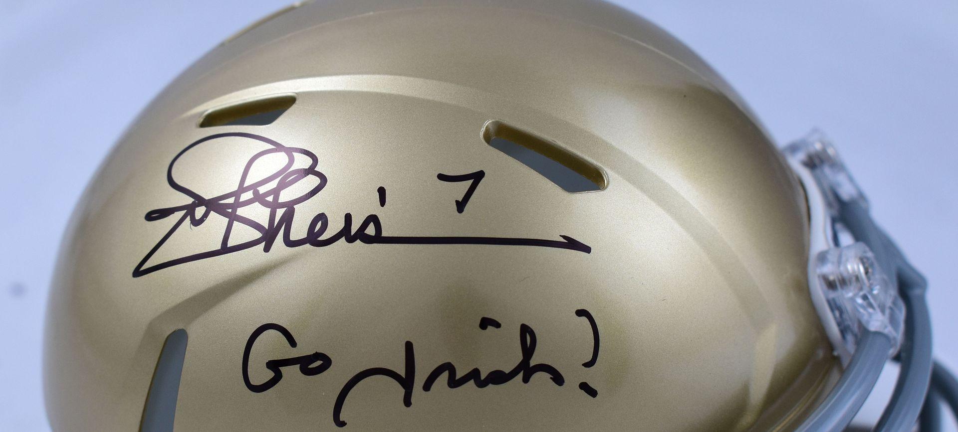 Joe Theismann Signed Notre Dame Fighting Irish Speed Mini Helmet Inscribed "Go Irish!" (Beckett) at PristineAuction.com Joe Theismann Signed Notre Dame Fighting Irish Speed Mini Helmet Inscribed "Go Irish!" (Beckett) at PristineAuction.com