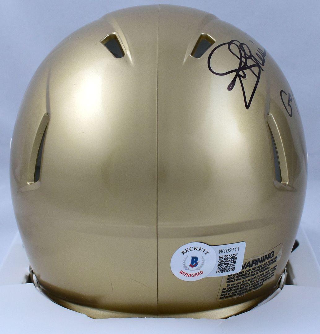 Joe Theismann Signed Notre Dame Fighting Irish Speed Mini Helmet Inscribed "Go Irish!" (Beckett) at PristineAuction.com Joe Theismann Signed Notre Dame Fighting Irish Speed Mini Helmet Inscribed "Go Irish!" (Beckett) at PristineAuction.com