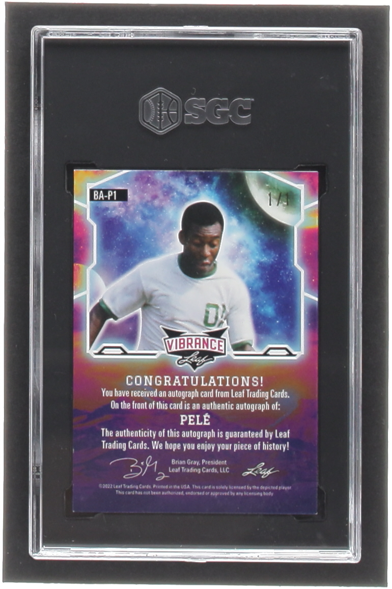 Pele 2022 Leaf Vibrance Autographs Platinum Blue #BAP1 #1/1 (SGC 8.5 | Autograph Graded 10) at PristineAuction.com Pele 2022 Leaf Vibrance Autographs Platinum Blue #BAP1 #1/1 (SGC 8.5 | Autograph Graded 10) at PristineAuction.com