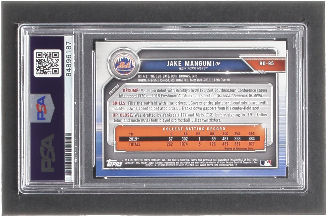 Jake Mangum Signed 2019 Bowman Draft #BD95 RC (PSA) at PristineAuction.com Jake Mangum Signed 2019 Bowman Draft #BD95 RC (PSA) at PristineAuction.com