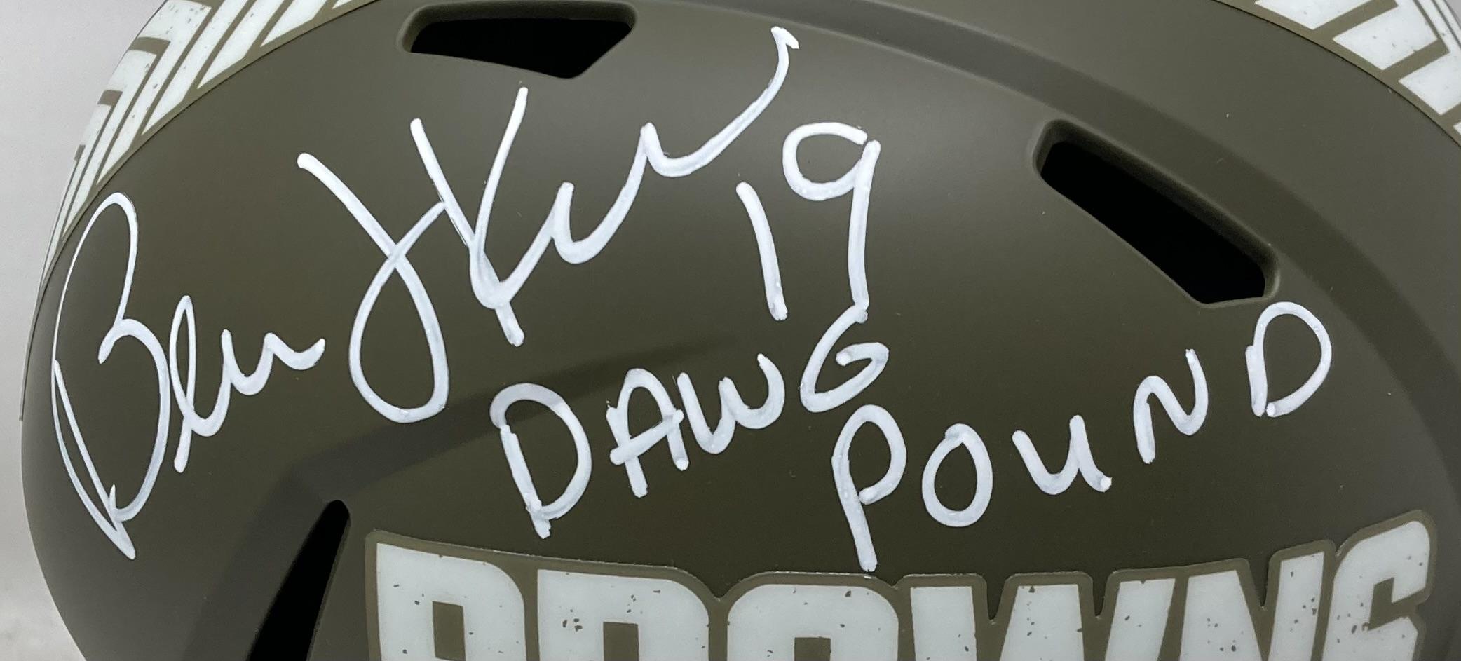 Bernie Kosar Signed Browns Full-Size Salute to Service Speed Helmet Inscribed "Dawg Pound" (Beckett) at PristineAuction.com Bernie Kosar Signed Browns Full-Size Salute to Service Speed Helmet Inscribed "Dawg Pound" (Beckett) at PristineAuction.com