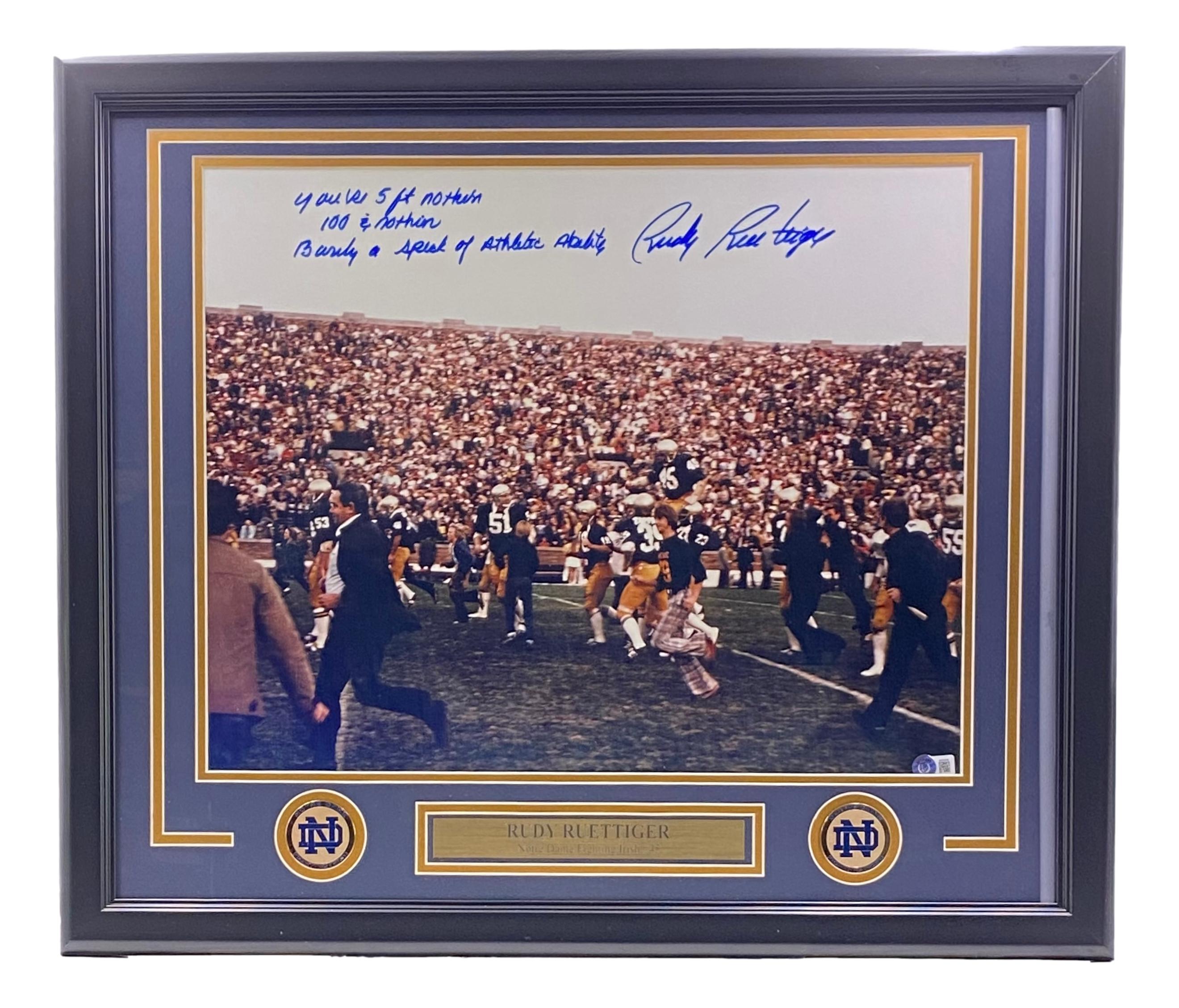 Rudy Ruettiger Signed Notre Dame Fighting Irish 22x27 Photo Inscribed "You're 5 Ft Nothin" "100 & Nothin" & "Barely a Speck of Athletic Ability" (Beckett) at PristineAuction.com Rudy Ruettiger Signed Notre Dame Fighting Irish 22x27 Photo Inscribed "You're 5 Ft Nothin" "100 & Nothin" & "Barely a Speck of Athletic Ability" (Beckett) at PristineAuction.com