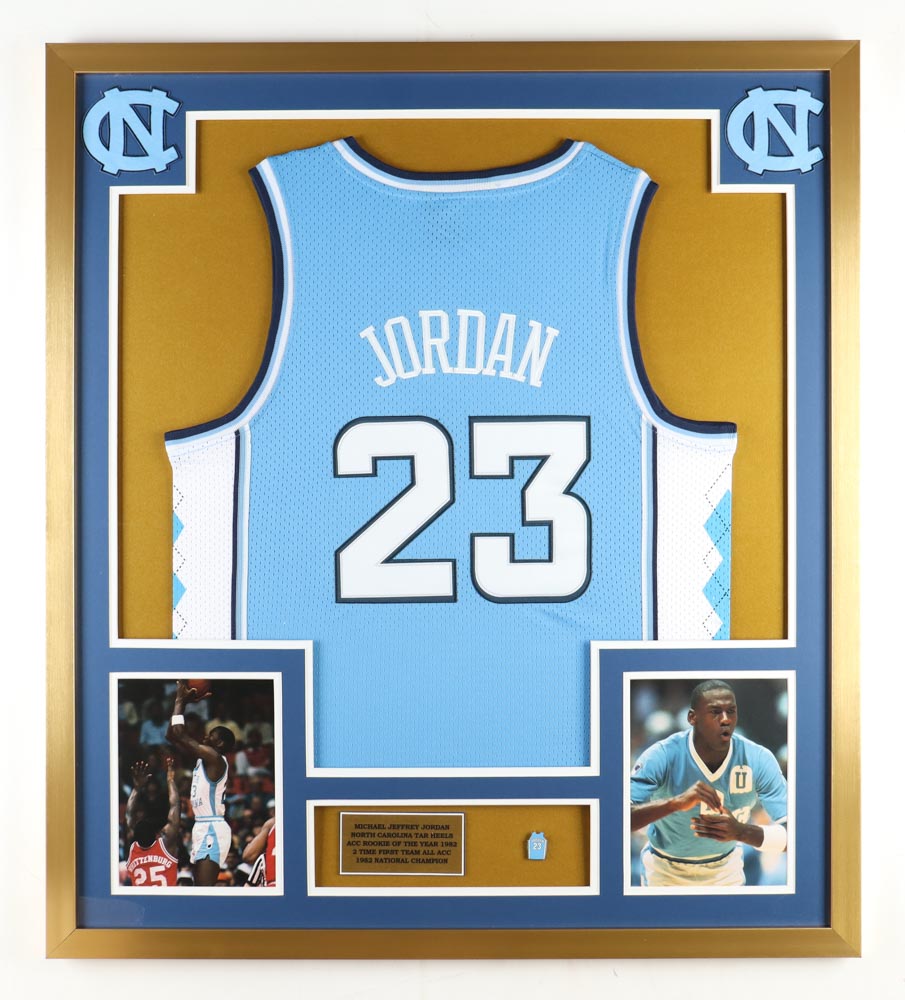 Michael Jordan North Carolina Tar Heels Custom Framed Jersey Display with Jersey Pin at PristineAuction.com Michael Jordan North Carolina Tar Heels Custom Framed Jersey Display with Jersey Pin at PristineAuction.com