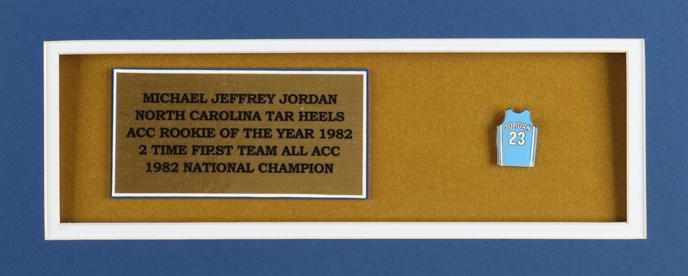 Michael Jordan North Carolina Tar Heels Custom Framed Jersey Display with Jersey Pin at PristineAuction.com Michael Jordan North Carolina Tar Heels Custom Framed Jersey Display with Jersey Pin at PristineAuction.com