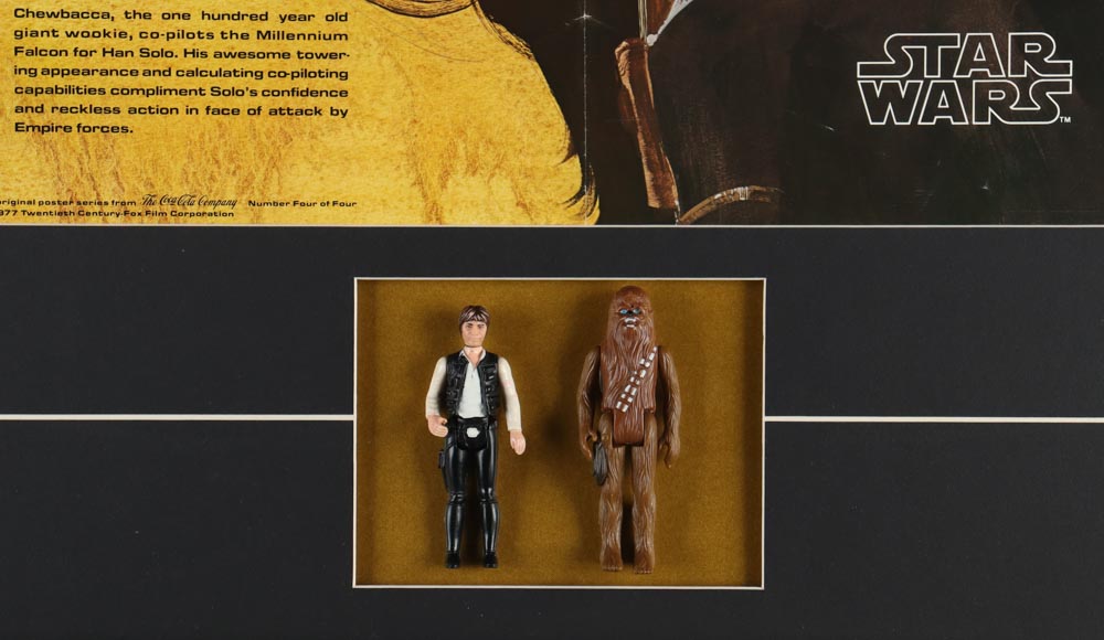 1977 Coca Cola "Star Wars" Custom Framed Promotional Poster Display With (2) Vintage Hasbro Figurines at PristineAuction.com 1977 Coca Cola "Star Wars" Custom Framed Promotional Poster Display With (2) Vintage Hasbro Figurines at PristineAuction.com