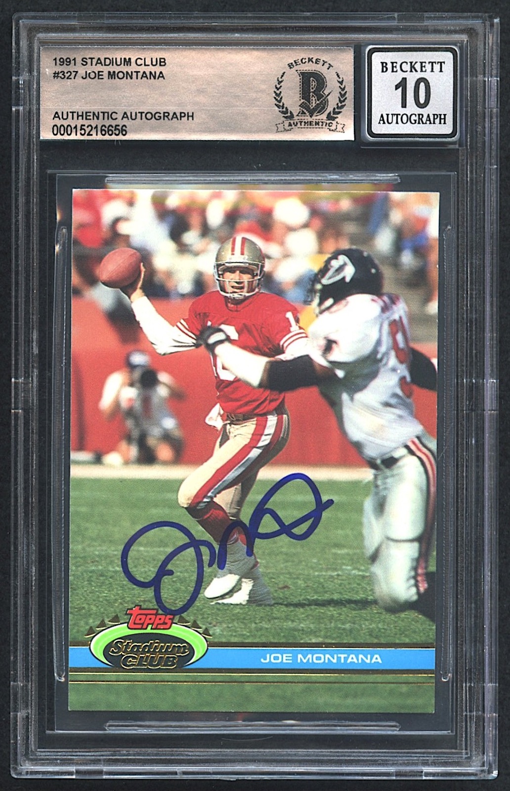 Joe Montana Signed 1991 Stadium Club #327 (Beckett Encapsulated | Autograph Graded 10) at PristineAuction.com Joe Montana Signed 1991 Stadium Club #327 (Beckett Encapsulated | Autograph Graded 10) at PristineAuction.com