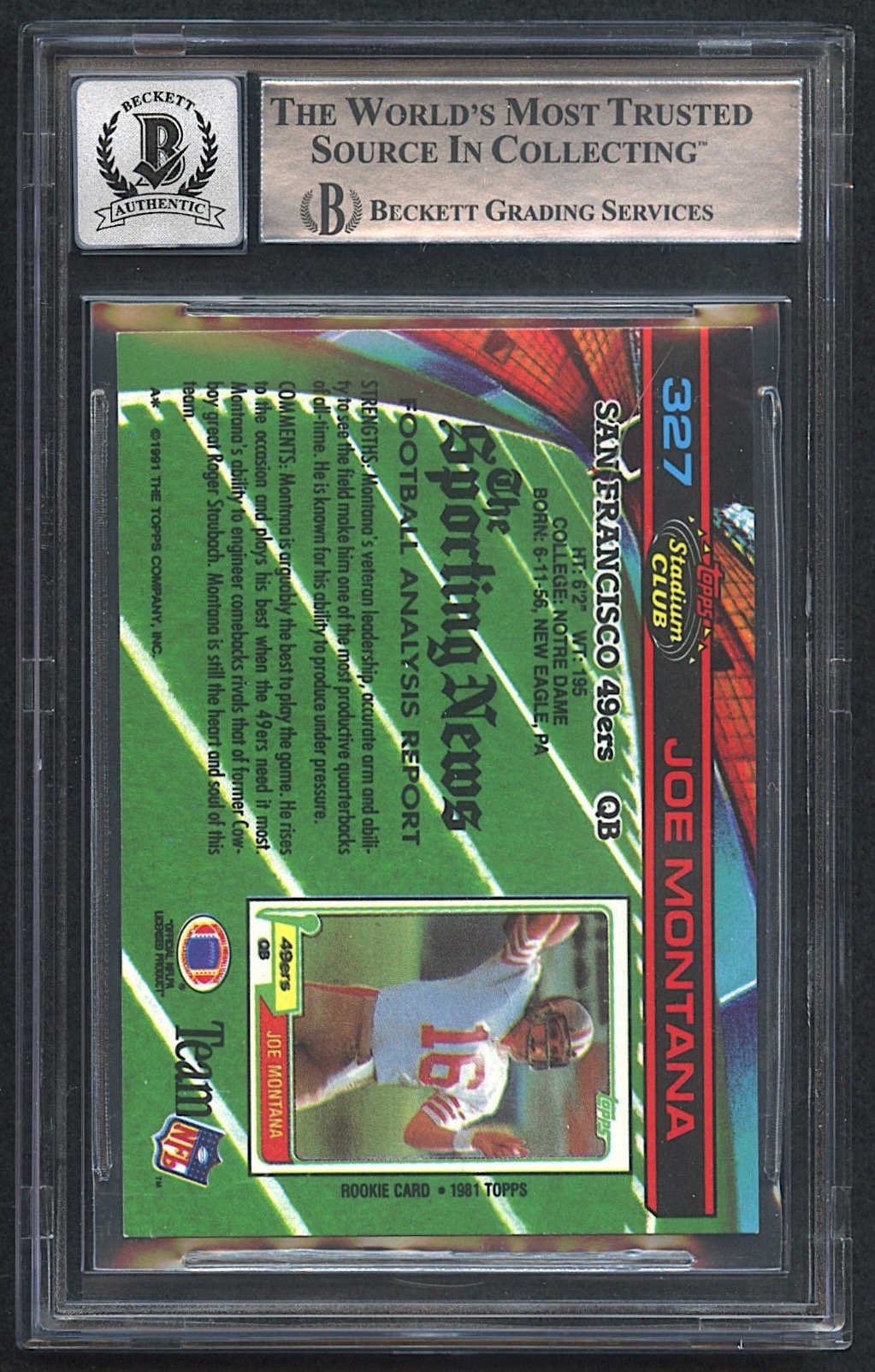 Joe Montana Signed 1991 Stadium Club #327 (Beckett Encapsulated | Autograph Graded 10) at PristineAuction.com Joe Montana Signed 1991 Stadium Club #327 (Beckett Encapsulated | Autograph Graded 10) at PristineAuction.com