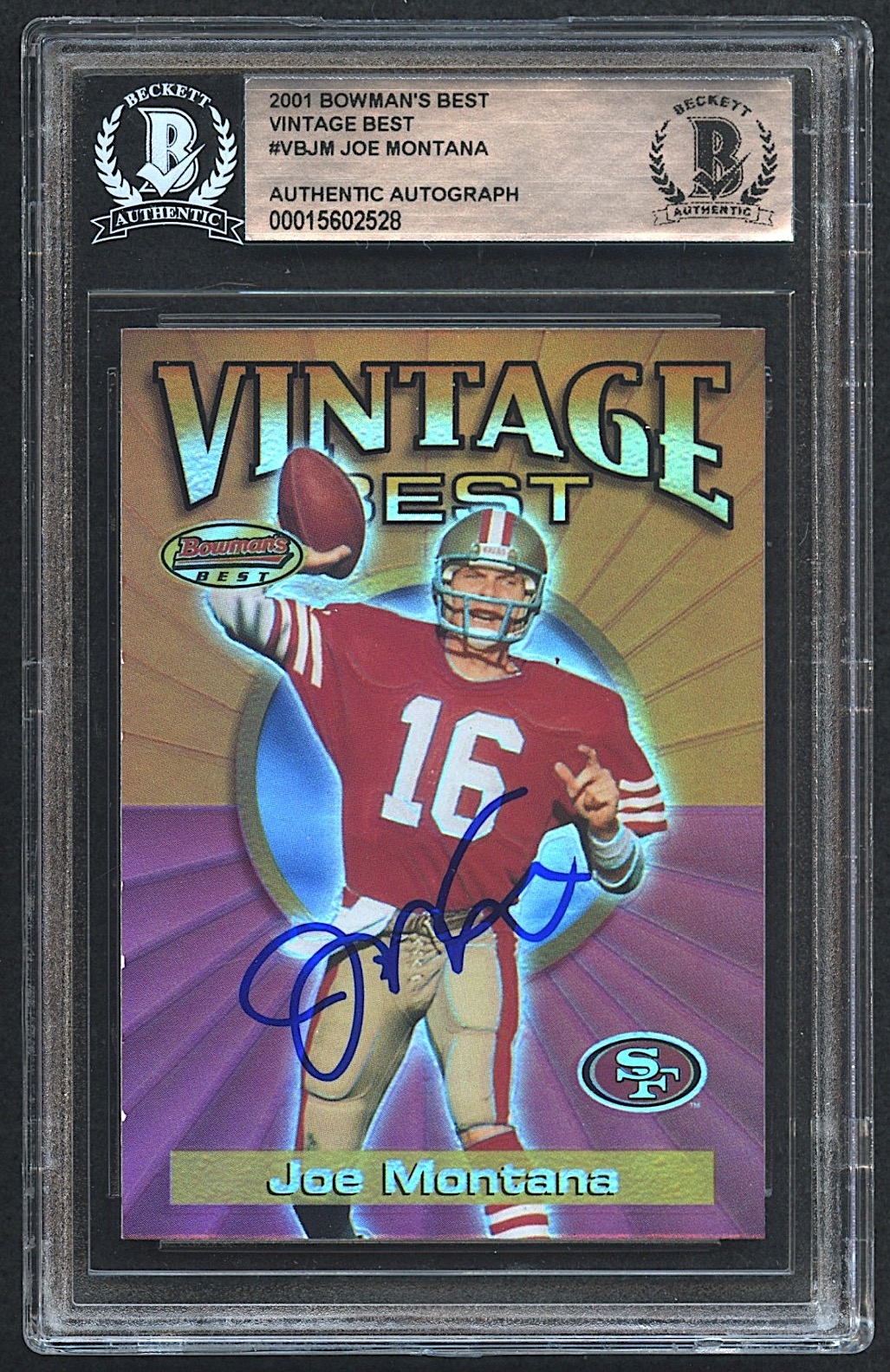 Joe Montana Signed 2001 Bowman's Best Vintage Best #VBJM (Beckett Encapsulated) at PristineAuction.com Joe Montana Signed 2001 Bowman's Best Vintage Best #VBJM (Beckett Encapsulated) at PristineAuction.com