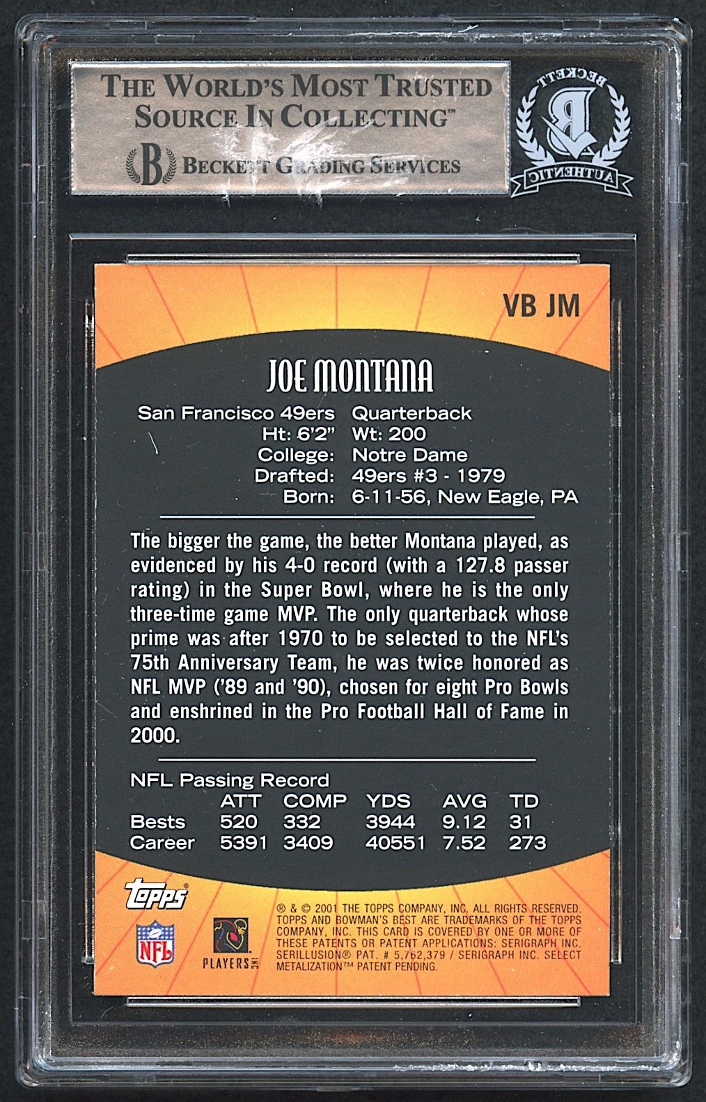 Joe Montana Signed 2001 Bowman's Best Vintage Best #VBJM (Beckett Encapsulated) at PristineAuction.com Joe Montana Signed 2001 Bowman's Best Vintage Best #VBJM (Beckett Encapsulated) at PristineAuction.com