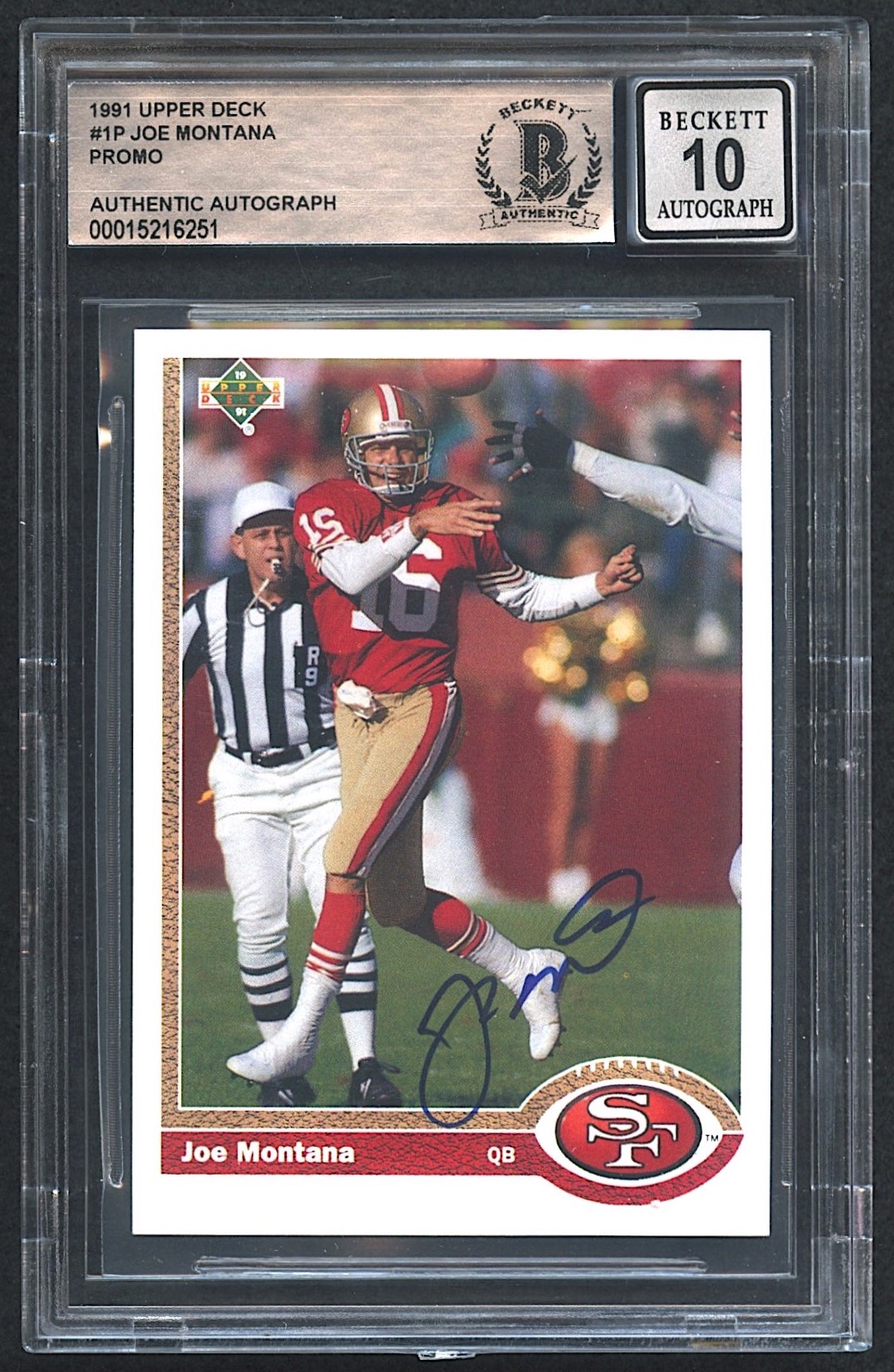 Joe Montana Signed 1991 Upper Deck #1P Promo (Beckett Encapsulated | Autograph Graded 10) at PristineAuction.com Joe Montana Signed 1991 Upper Deck #1P Promo (Beckett Encapsulated | Autograph Graded 10) at PristineAuction.com