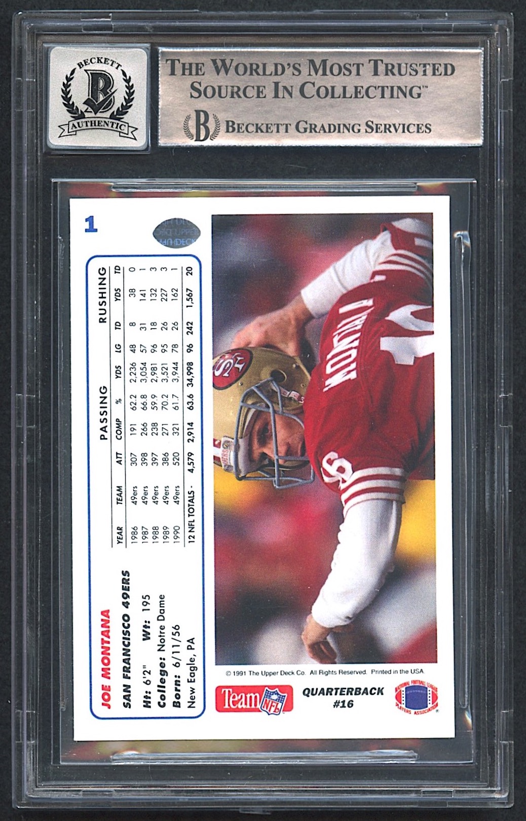 Joe Montana Signed 1991 Upper Deck #1P Promo (Beckett Encapsulated | Autograph Graded 10) at PristineAuction.com Joe Montana Signed 1991 Upper Deck #1P Promo (Beckett Encapsulated | Autograph Graded 10) at PristineAuction.com