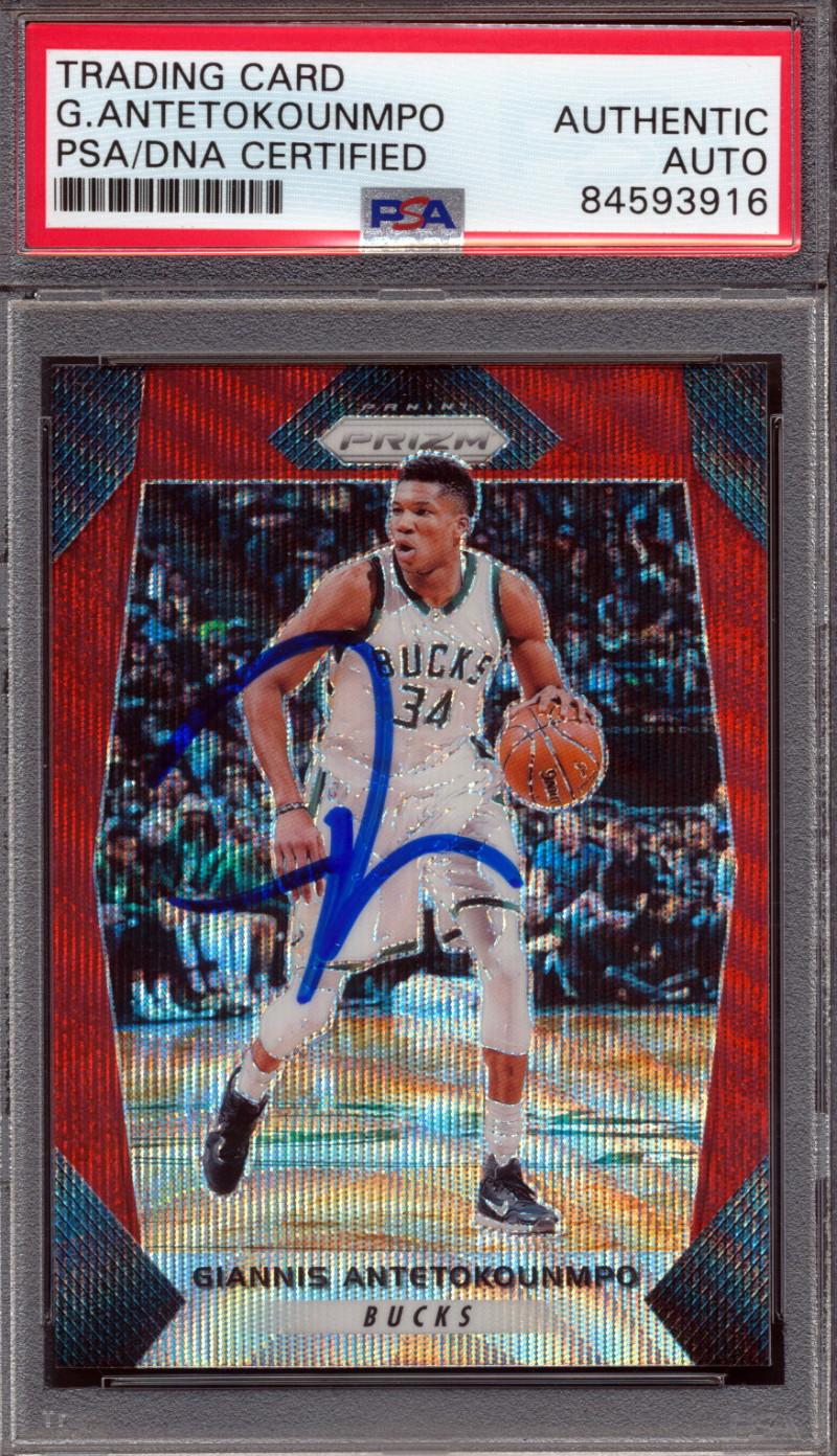 Giannis Antetokounmpo Signed 2017-18 Panini Prizm Prizms Ruby Wave #182 (PSA) at PristineAuction.com Giannis Antetokounmpo Signed 2017-18 Panini Prizm Prizms Ruby Wave #182 (PSA) at PristineAuction.com