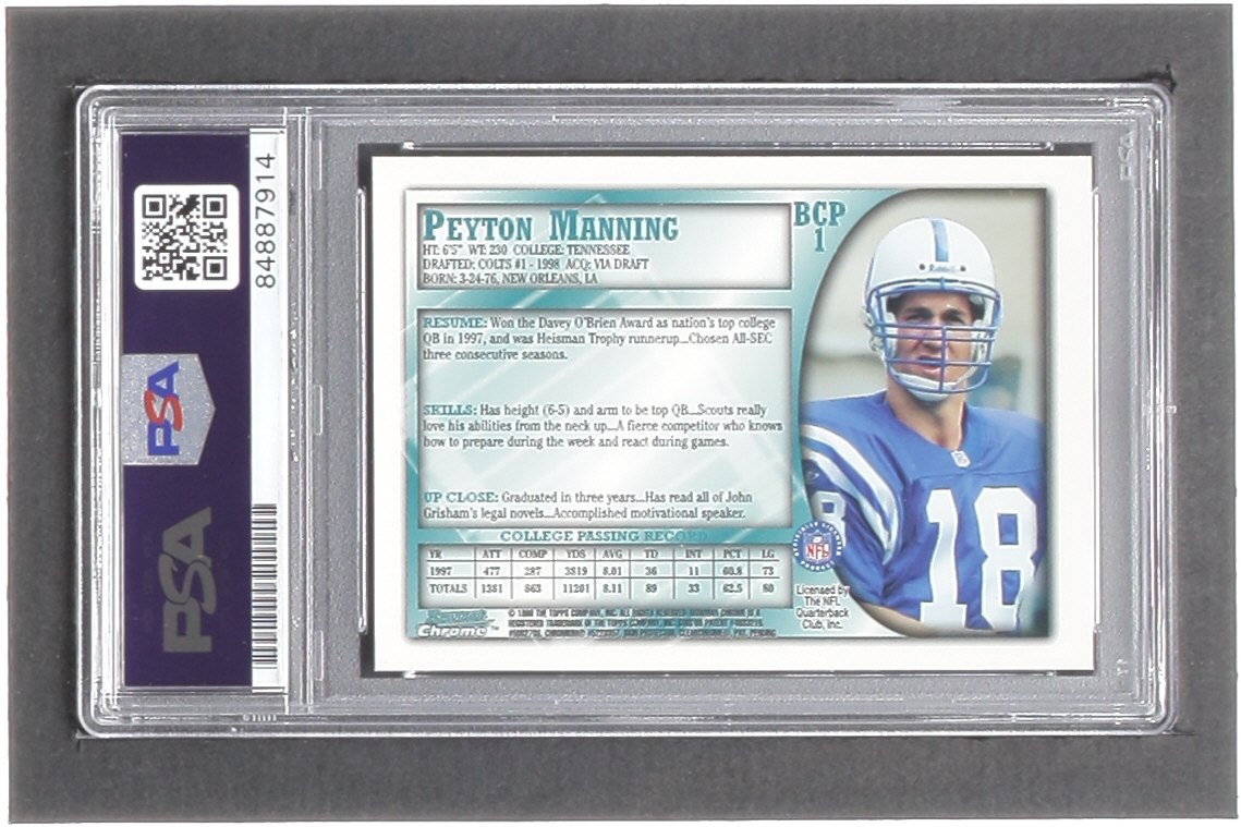 Peyton Manning Signed 1998 Bowman Chrome Preview #BCP1 RC (PSA | Autograph Graded PSA 10) at PristineAuction.com Peyton Manning Signed 1998 Bowman Chrome Preview #BCP1 RC (PSA | Autograph Graded PSA 10) at PristineAuction.com